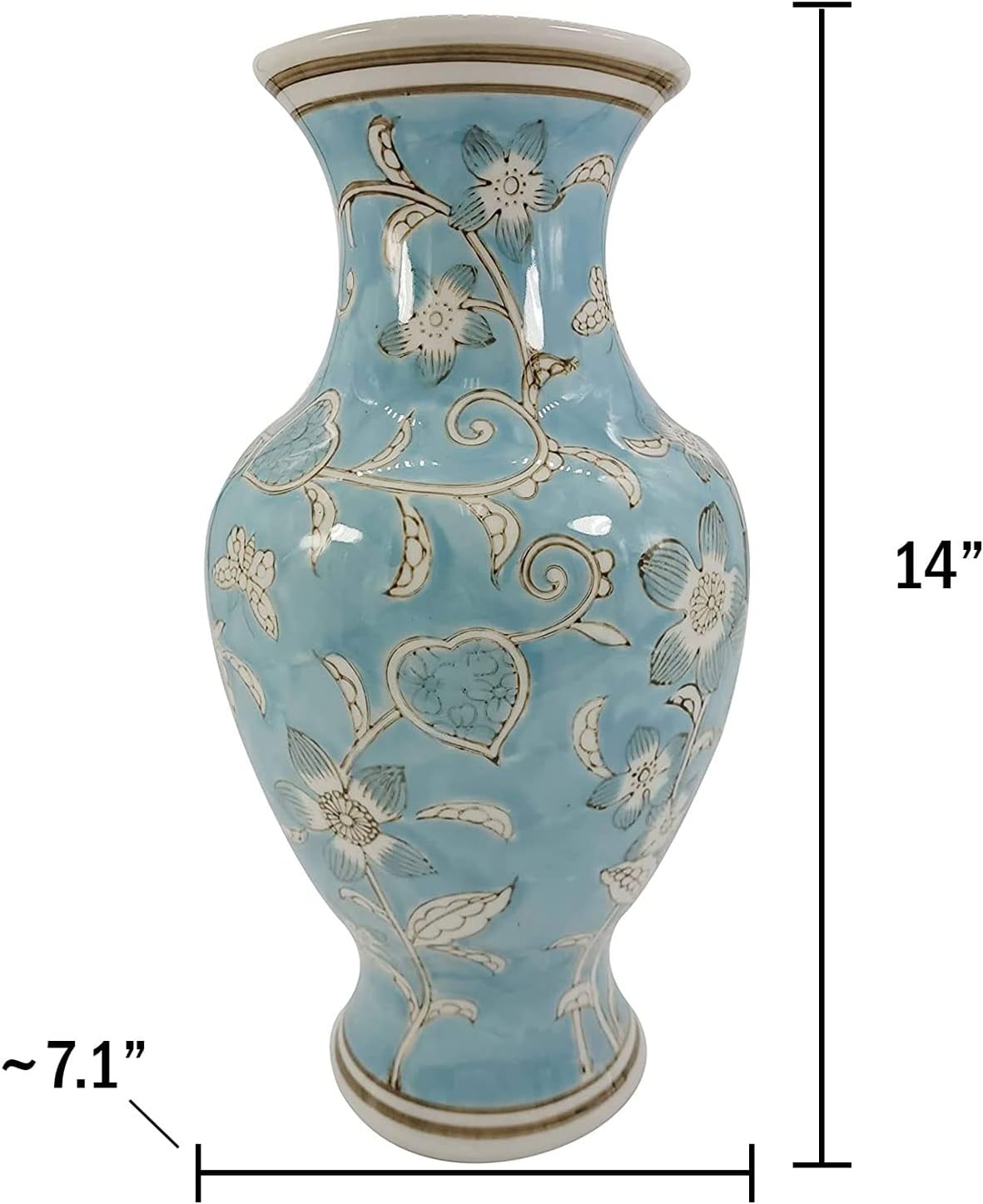 Galt International Light Blue and White Flower & Heart Chinoiserie Ceramic Vase 14"- Hand Painted Antique Style Porcelain Flower Bottle Fishtail Porcelain Chinese Vase for Home Decor Centerpiece - Image 2