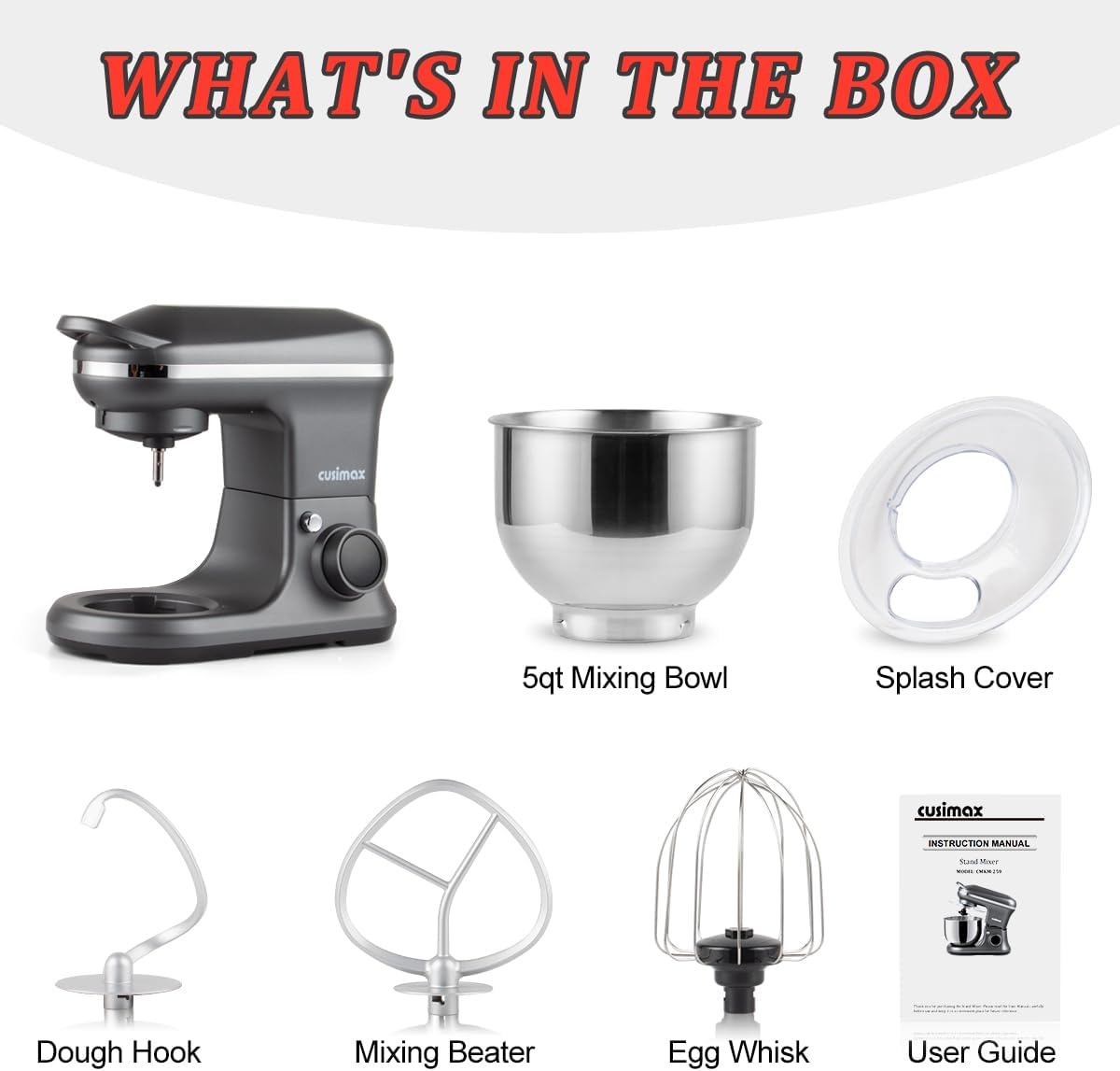 CUSIMAX Stand Mixer, Dough Mixer with Digital Switch Control Timer 15mins & 8-Speed, 5-Quart 650W kitchen Electric Mixer, Tilt-Head with handle, Dough Hook, Wire Whip & Beater, Grey - Image 6