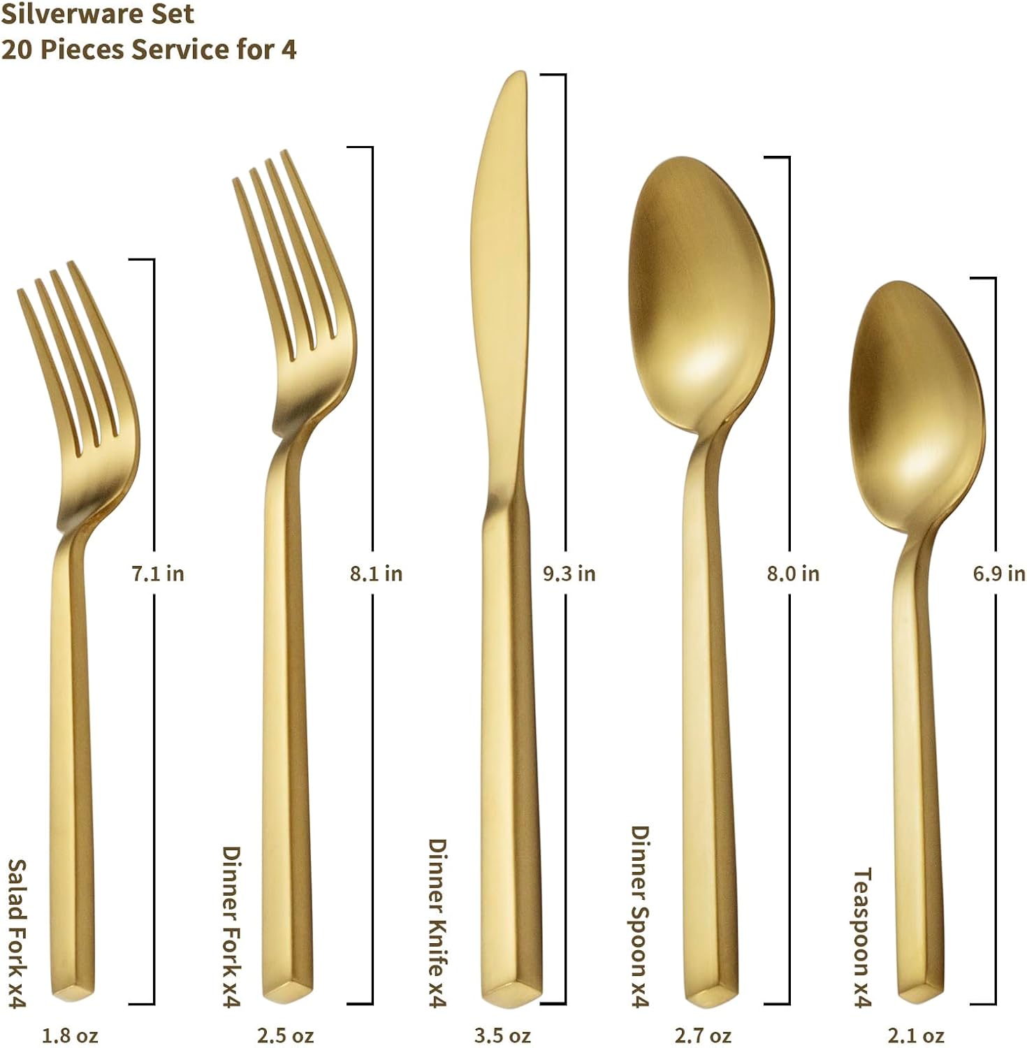 Alata Cube Gold 20-Piece Flatware Set, Forged Cutlery Set, Matte Gold Silverware Service for 4, Stainless Steel Tableware with Square Handle for Home/Restaurant, Dishwasher Safe - Image 2