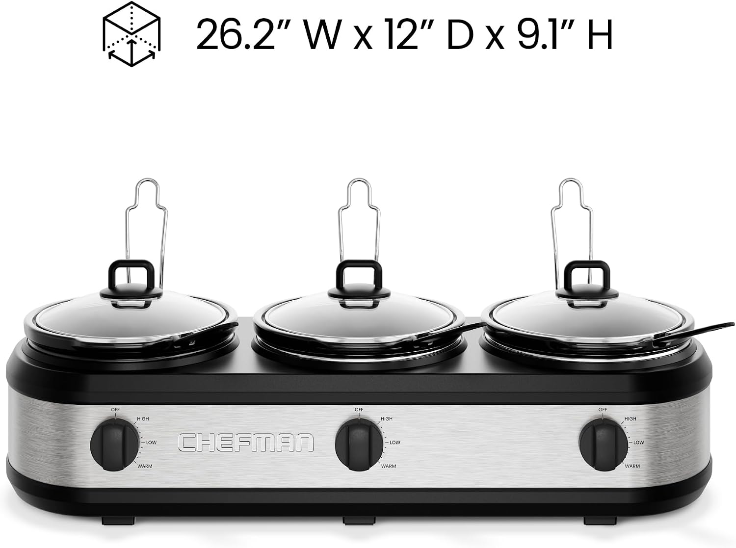 Chefman Triple Slow Cooker & Food Warmer, Three Crock Slowcooker with 2.5 Qt. Ceramic Crocks, 7.5-Quart Total Capacity, PFAS-Free, Three Temperature Settings, Dishwasher-Safe Parts – Stainless Steel - Image 7