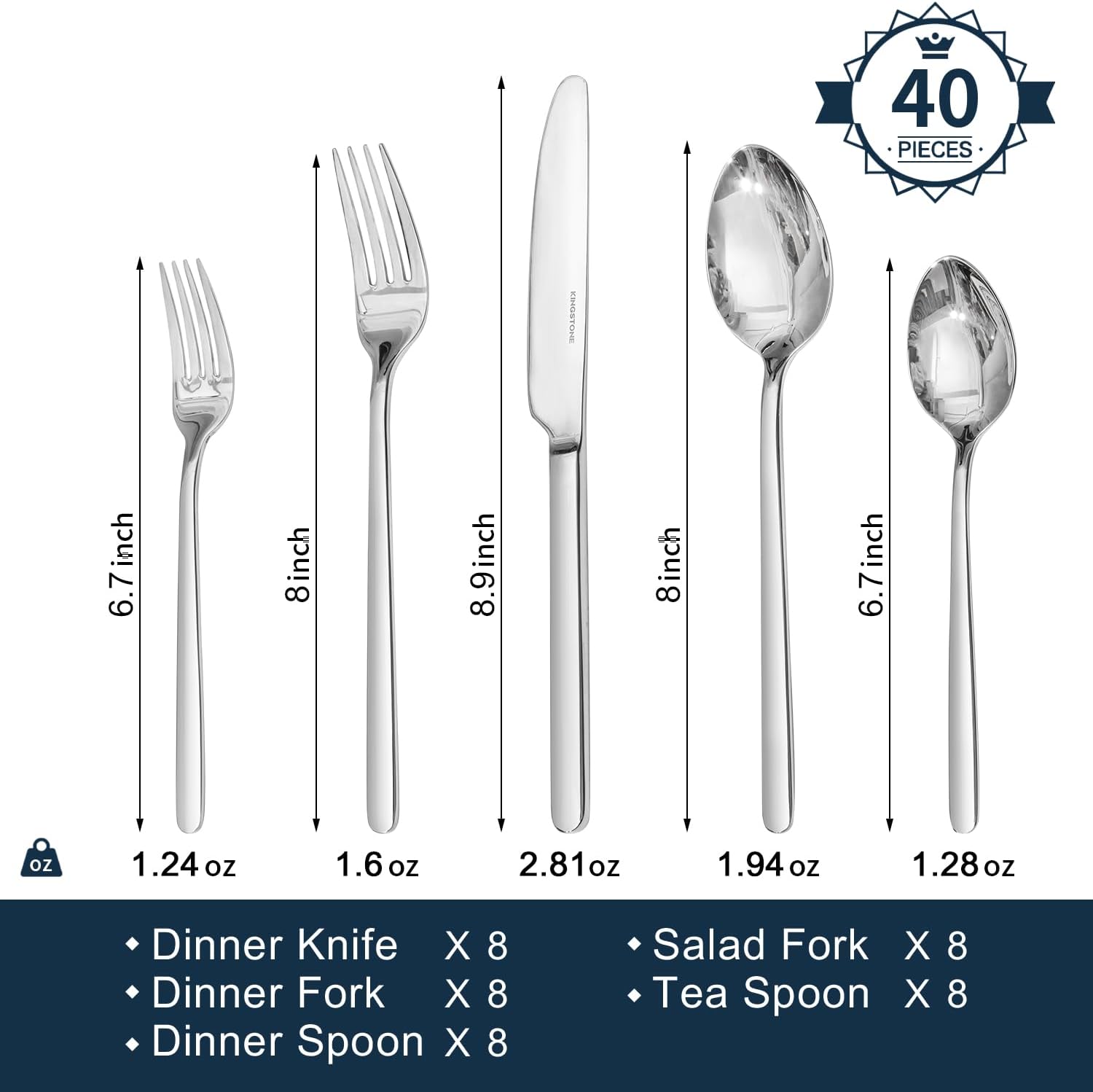 KINGSTONE 40 Piece Silverware Set, Flatware Set for 8, 18/10 Stainless Steel Cutlery Set Mirror Polished Modern Design Dishwasher Safe - Image 2