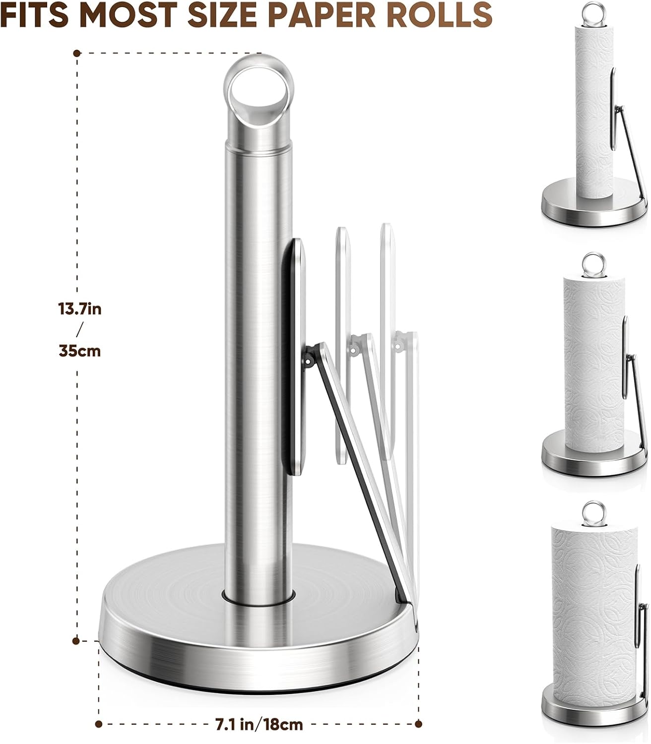 theaoo Heavy-Duty Stainless Steel Paper Towel Holder with Tension Arm – Easy One-Handed Tear, Modern Standing Countertop Dispenser for Kitchen, Holds All Paper Towel Rolls (1, Silver) - Image 2