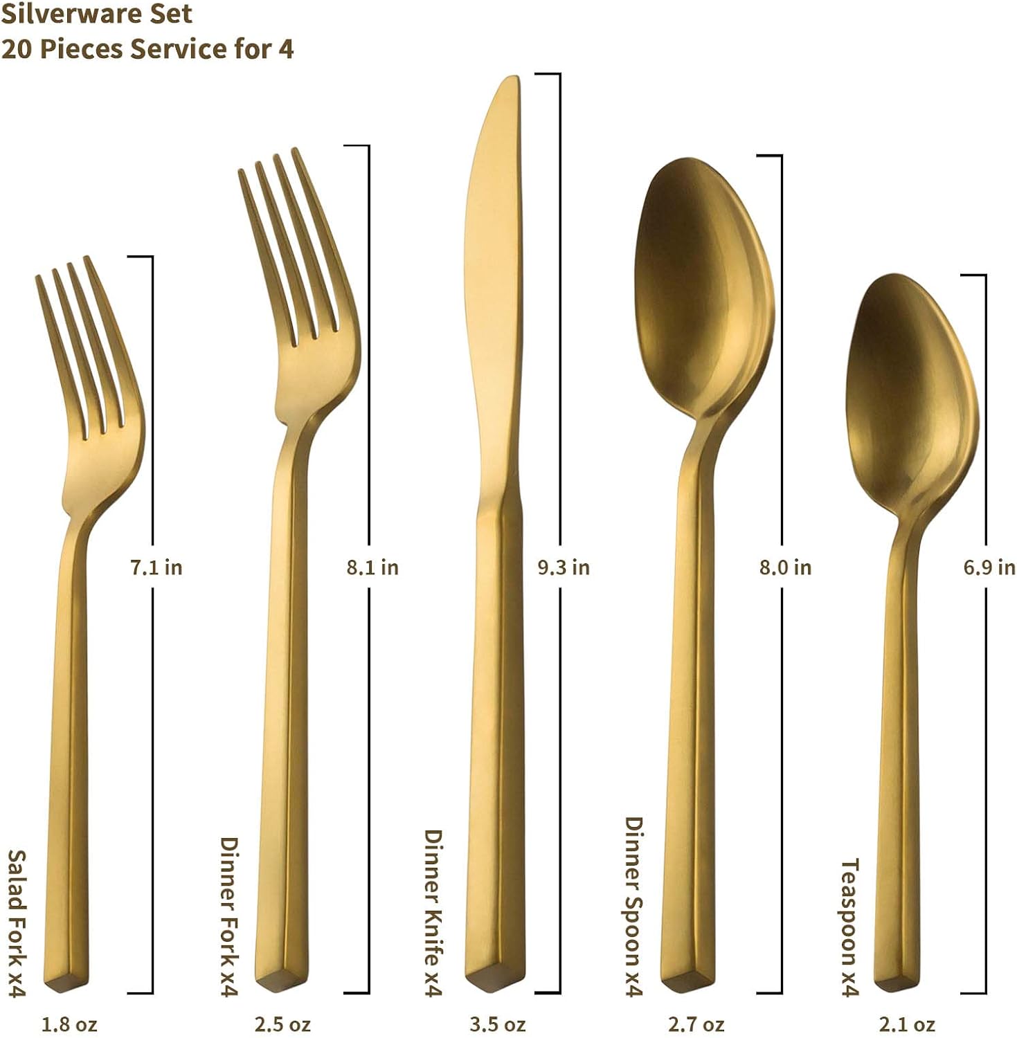Alata Cube Gold 45-Piece Flatware Set, Forged Cutlery Set, Matte Gold Silverware Service for 8, Stainless Steel Tableware with Square Handle for Home/Restaurant, Dishwasher Safe - Image 4