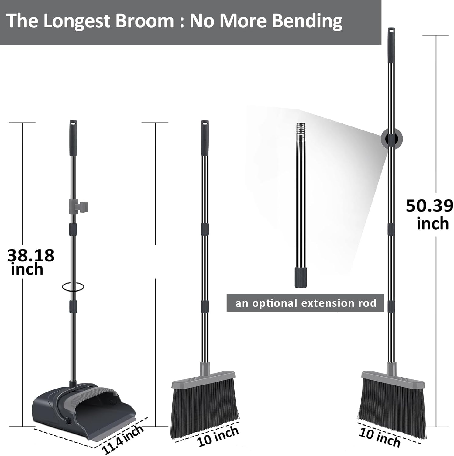 Broom and Dustpan Set for Home, Office, Indoor&Outdoor Sweeping, Stand Up Broom and Dustpan (Black&Gray) - Image 2