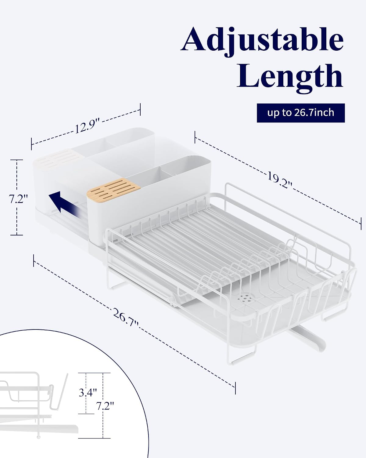 Kitsure Large Dish Drying Rack - Extendable Dish Rack, Multifunctional Dish Rack for Kitchen Counter, Anti-Rust Dish Drainers with Cutlery & Cup Holders 19.2"-26.7" L x 12.9" W, White - Image 2