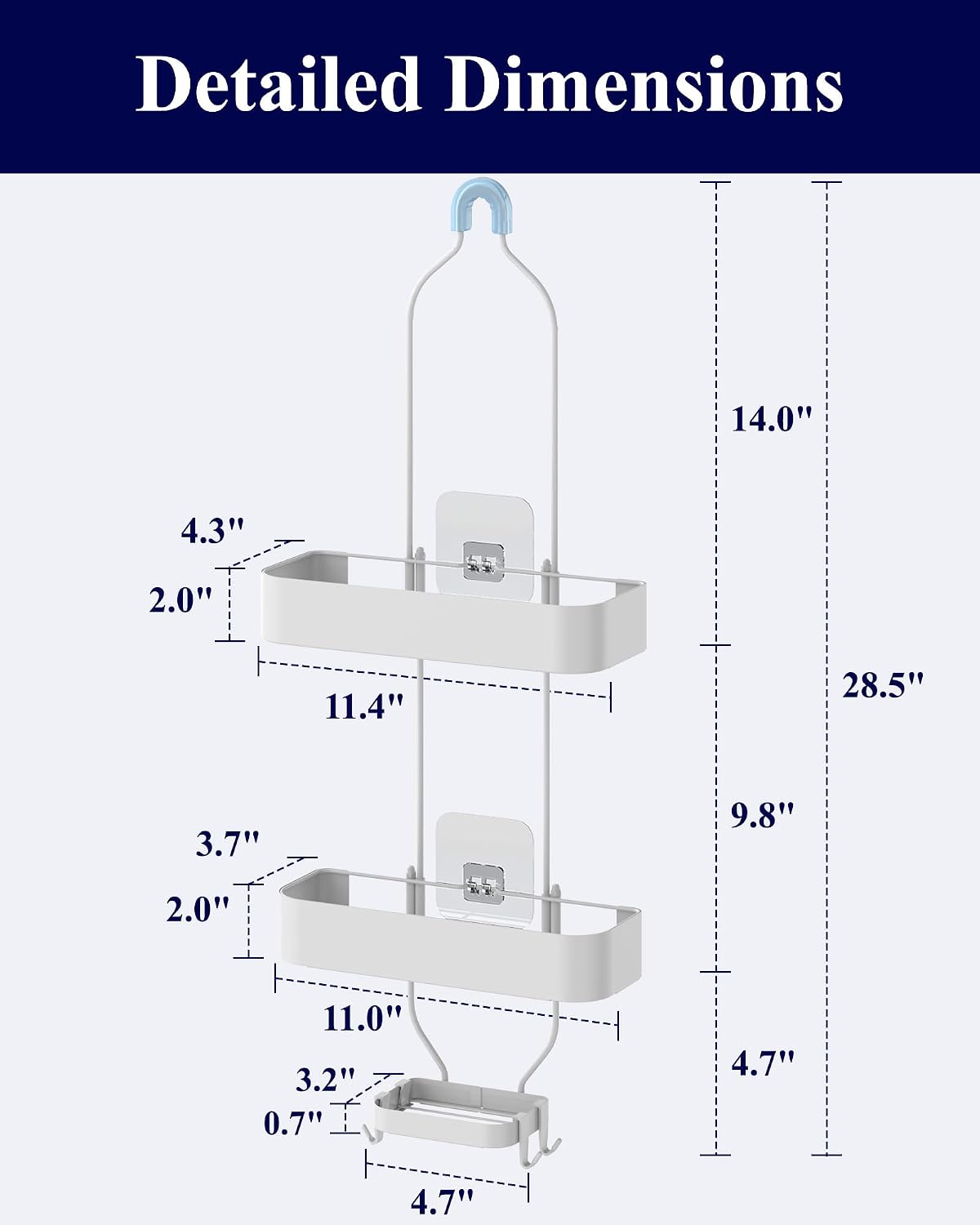 Kitsure Shower Caddy Hanging - No-Drill Bathroom Organizers and Storage, Wobble-Free Bathroom Shelves with Adhesive Tapes, Rust-Proof Shower Storage for Toiletries, White, 28.5" H - Image 3