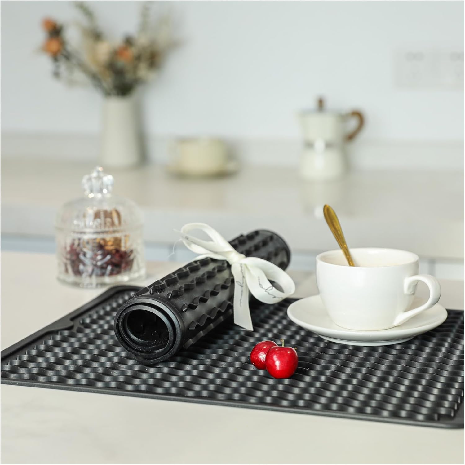 2 Pack Caketime Silicone Dish Drying Mat for Kitchen Counter Under Sink Protector Organizers Cooking Baking for Blackstone Griddle Accessories Coffee Mats Appliance Stone Rack Trays Drain Black - Image 2