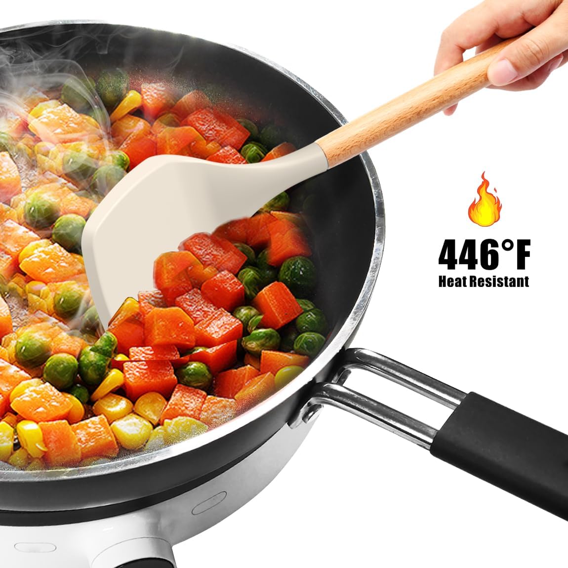oannao Silicone Cooking Utensils Set - 446°F Heat Resistant Silicone Kitchen Utensils for Cooking,Kitchen Utensil Spatula Set w Wooden Handles, BPA FREE Gadgets for Non-Stick Cookware (Khaki) - Image 7