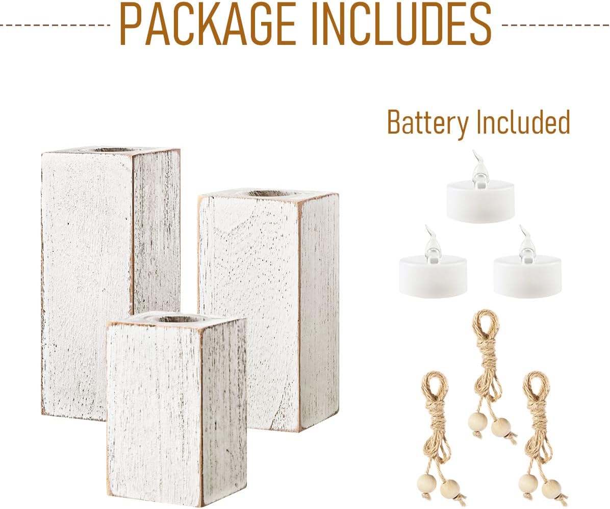 MelonBoat Rustic Flameless LED Candles 3-Pack, Battery Operated Candles with Wooden Candle Holders, White Rustic Farmhouse Decor, Farmhouse Candle Holder for Valentines Holiday Party Home Decor - Image 3