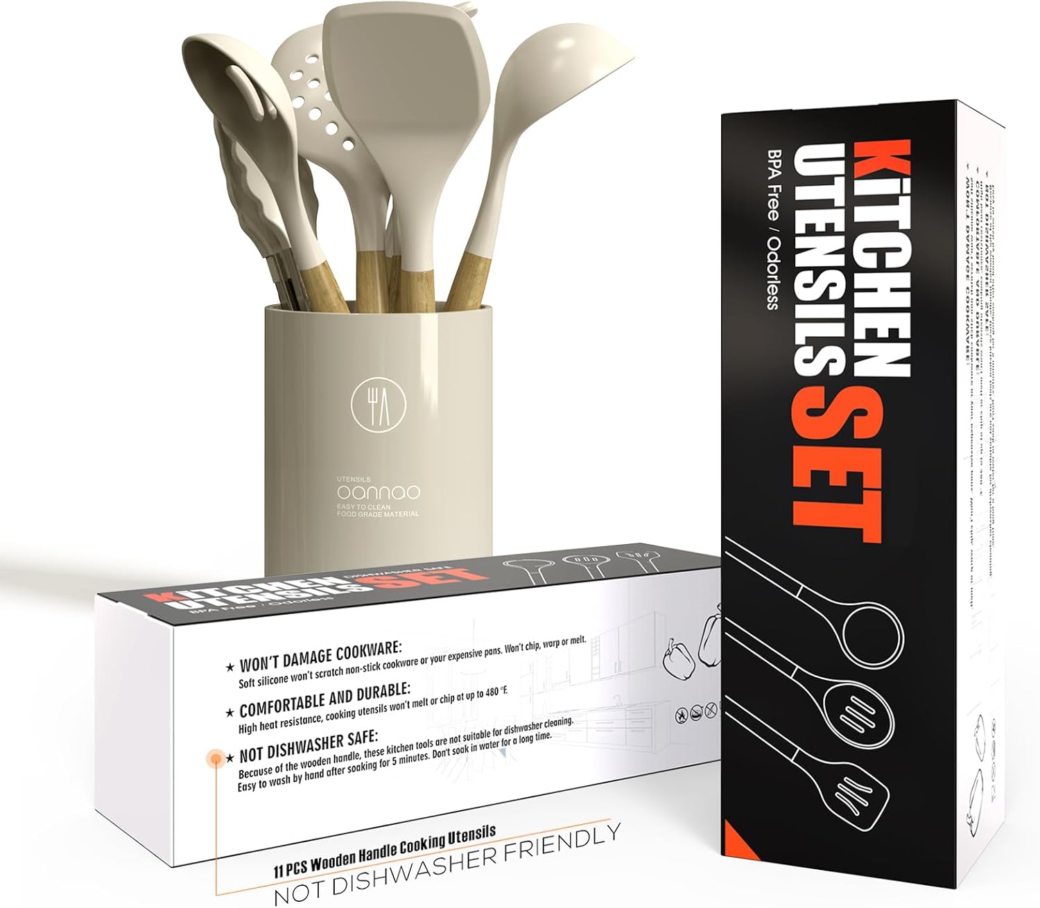 oannao Silicone Cooking Utensils Set - 446°F Heat Resistant Silicone Kitchen Utensils for Cooking,Kitchen Utensil Spatula Set w Wooden Handles, BPA FREE Gadgets for Non-Stick Cookware (Khaki) - Image 5