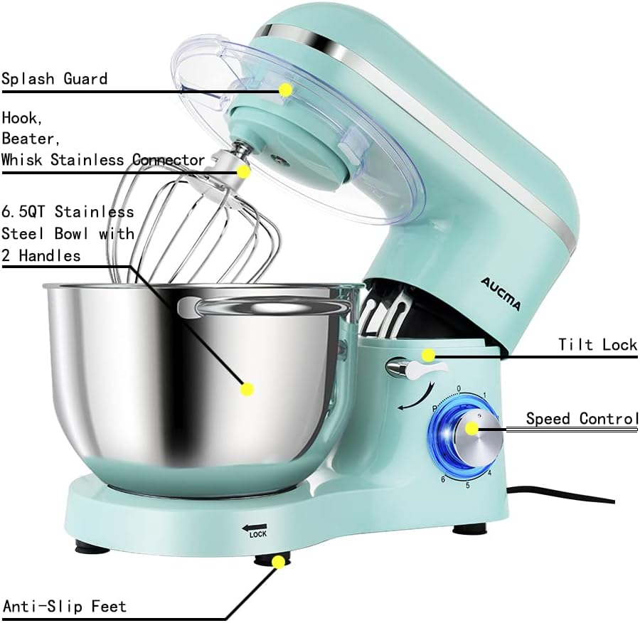 Aucma Stand Mixer,6.5-QT 660W 6-Speed Tilt-Head Food Mixer, Kitchen Electric Mixer with Dough Hook, Wire Whip & Beater (Blue, 6.5QT) - Image 2