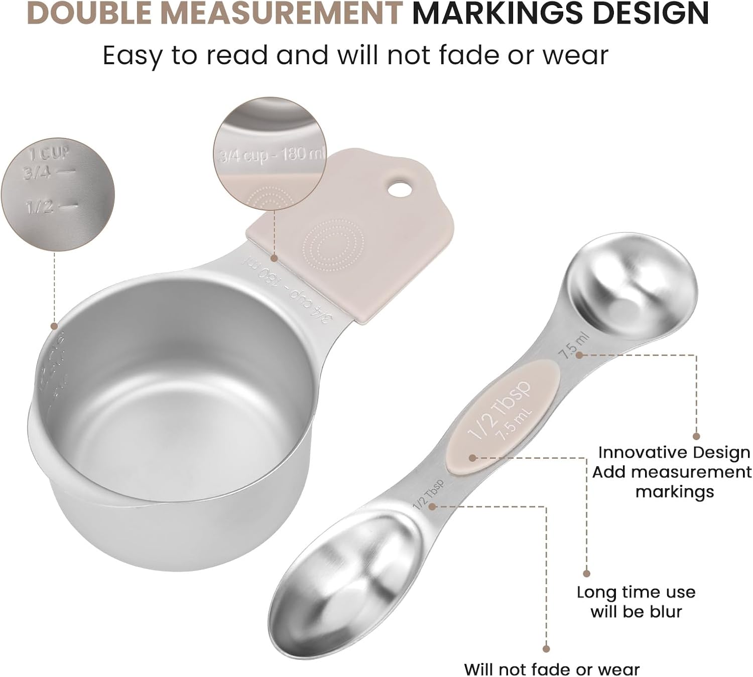 Magnetic Measuring Cups and Spoons Set-Heavy Duty 304 Stainless Steel,Double Measurement Markings,Set of 16 with Leveler for Measure Dry and Liquid Ingredients (khaki) - Image 4