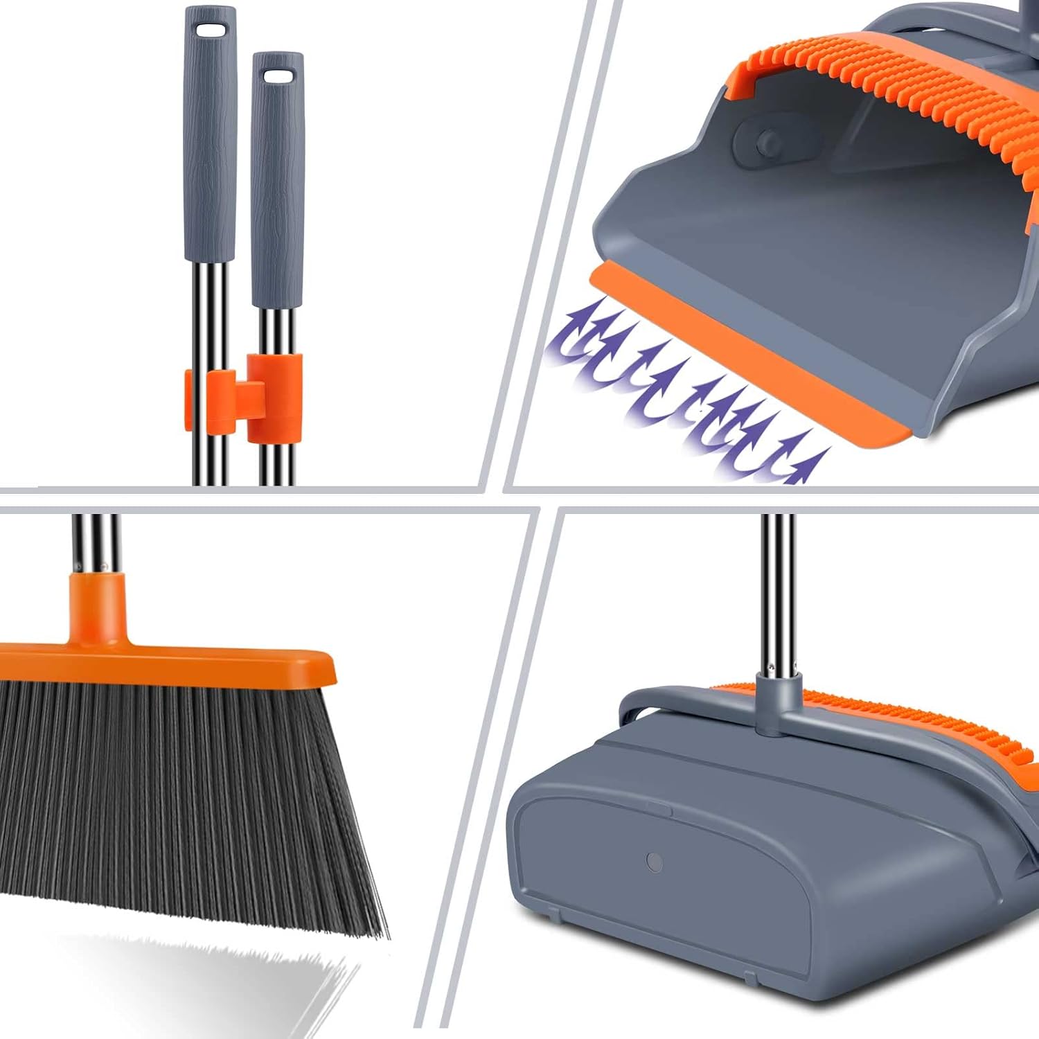 Upgrade Broom and Dustpan Set, Self-Cleaning with Dustpan Teeth, Indoor&Outdoor Sweeping, Ideal for Dog Cat Pets Home Use, Stand Up Broom and Dustpan (Gray&Orange) - Image 3