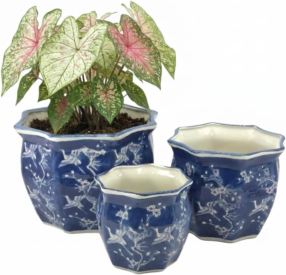Galt International White & Blue Crane Round Fluted Floral Porcelain Ceramic Plant Flower Planter Pot Set of 3 (7.5", 10", 13") Garden Pots Chinese Asian Design - Image 3