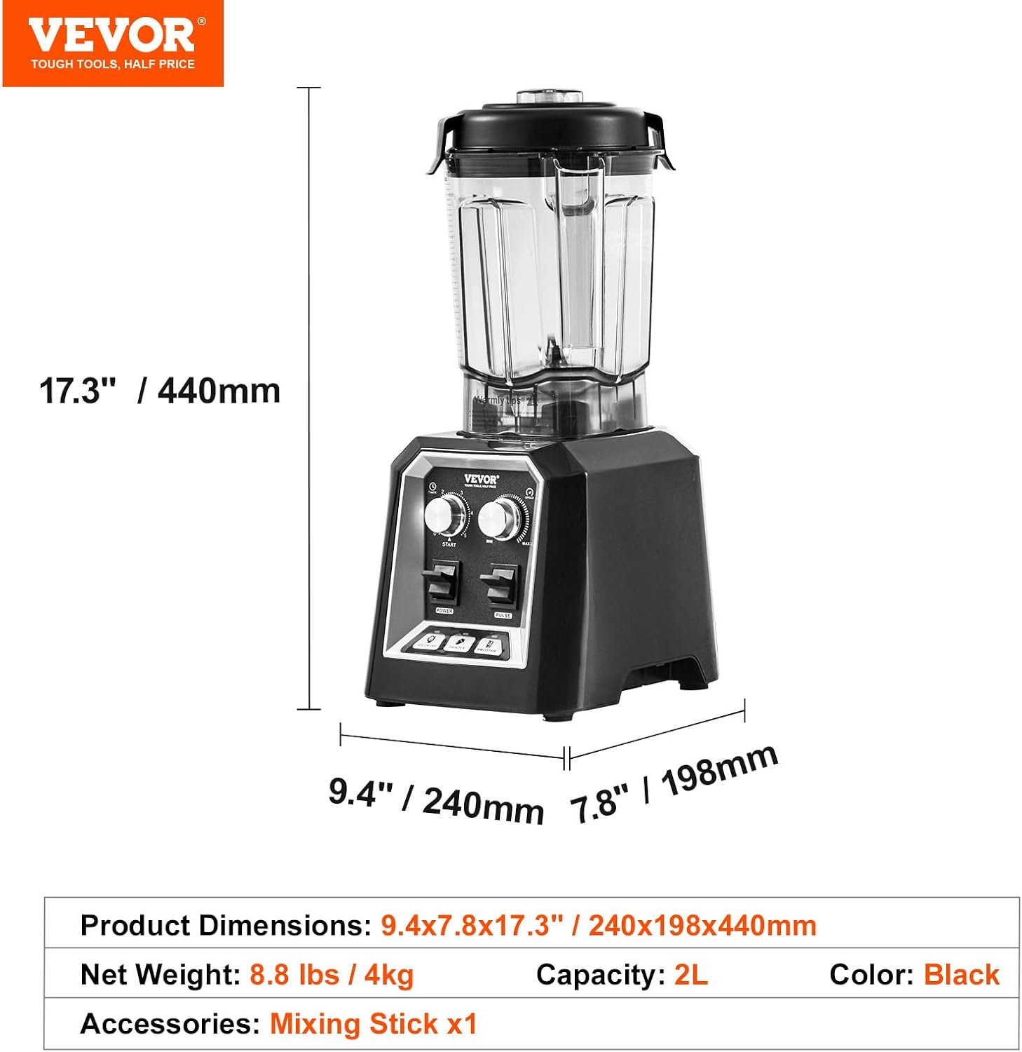 VEVOR Professional Blender, Commercial Countertop Blenders, 68 oz Jar Blender Combo, Stainless Steel 3 Functions, for Frozen Drinks, Shakes, Smoothies, Peree, and Crush Ice, Black - Image 7