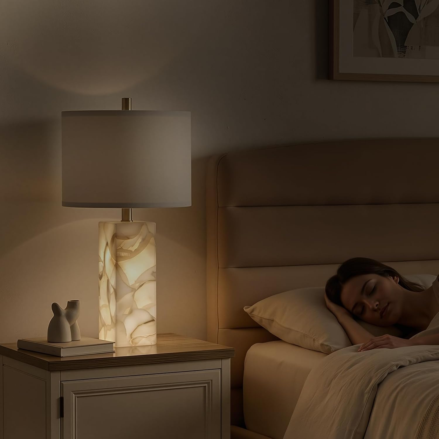 Scenekoy Alabaster Table Lamp Set of 2 with Night Light for Bedroom Living Room, 23" Rotary Switch Bedside Lamp with Linen Shade, Modern Nightstand Lamps for Room Office Dorm (Bulb Included) - Image 5
