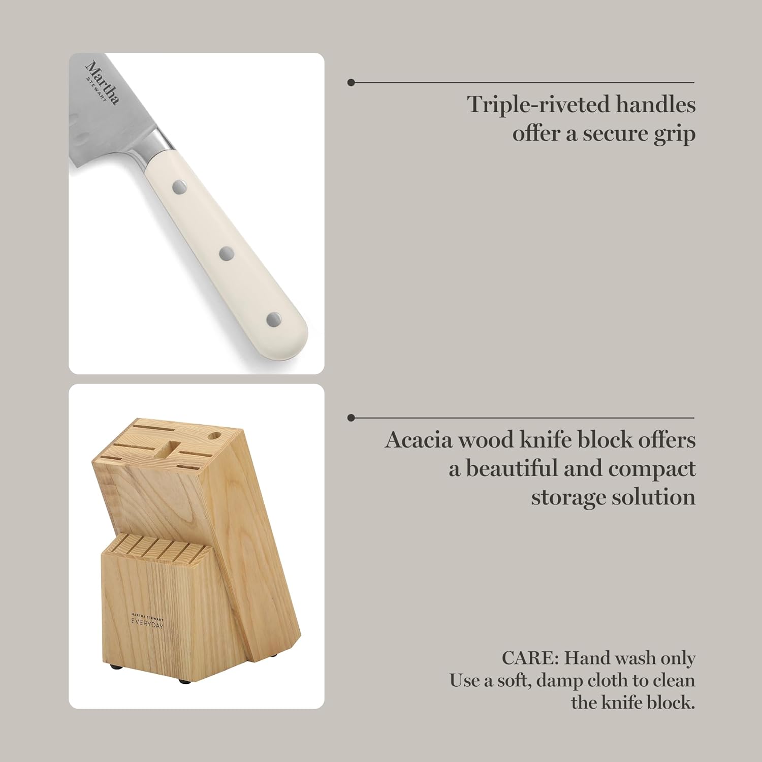 MARTHA STEWART Eastwalk 14 Piece High Carbon Stainless Steel Cutlery Kitchen Knife Block Set w/ABS Triple Riveted Forged Handle Acacia Wood Block - Linen White - Image 4