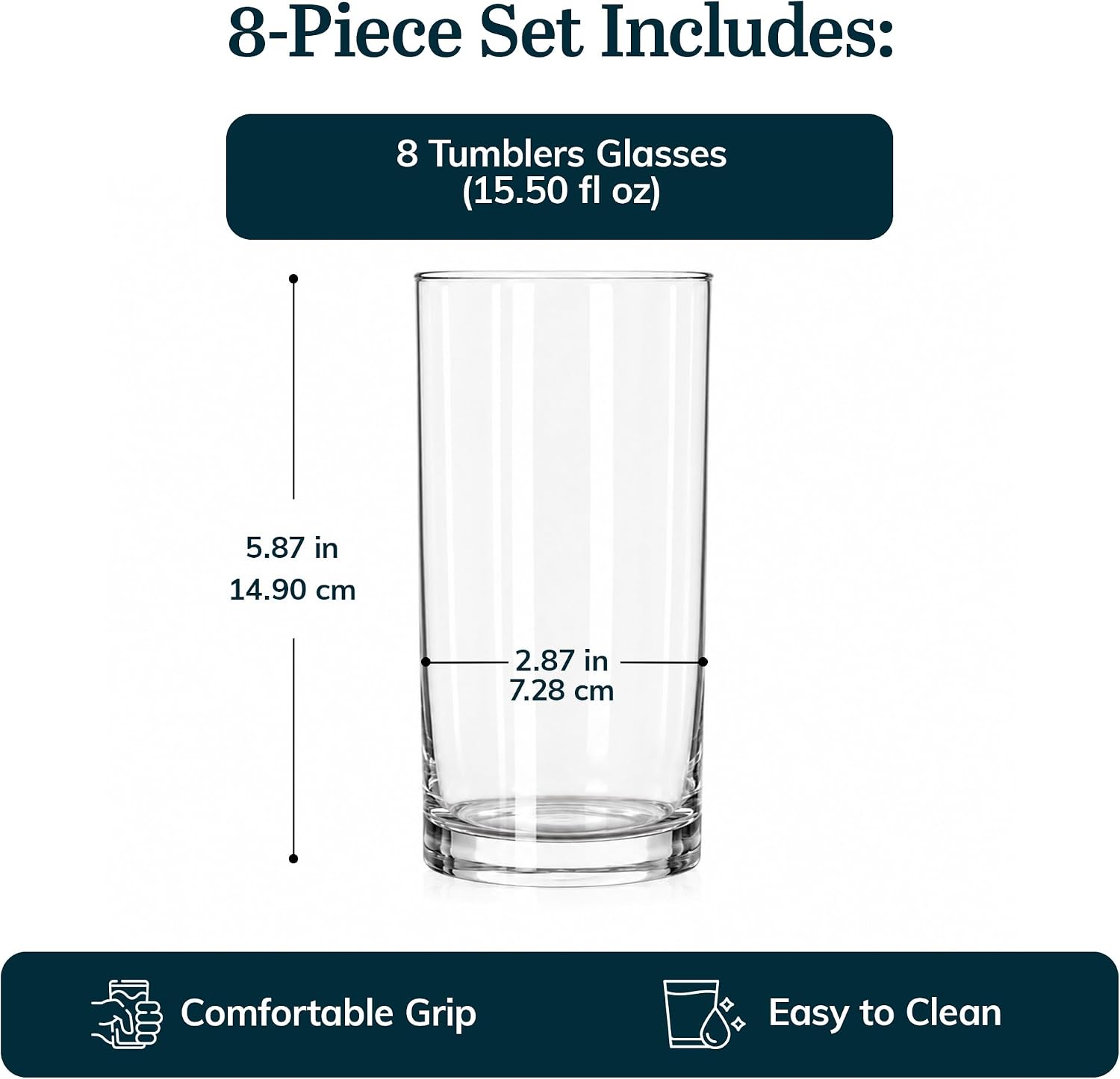 Libbey Heavy Base Drinking Glasses Set of 8, 15.5 Oz Elegant, Weighted Clear Water Glasses, Dishwasher Safe Glass Cups Set for Parties, Birthdays - Image 4