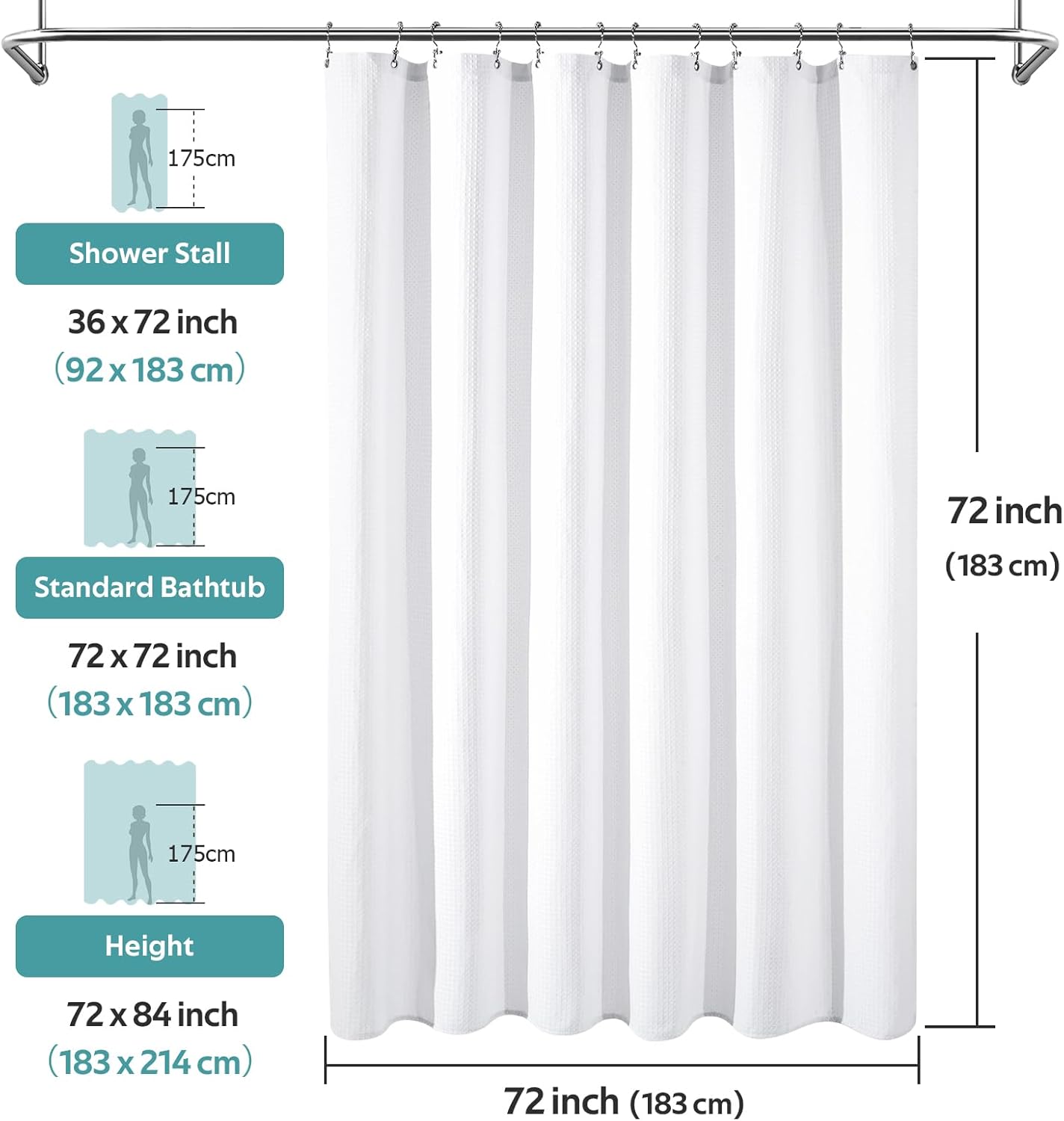 Vipfree 3 in 1 Shower Curtain Set, Waffle Shower Curtain and Liner Set with 12 Double Sided Shower Curtain Hooks, 258GSM Luxury Weighted Cloth Shower Curtains for Bathroom, 72 W x 72 H, White - Image 7