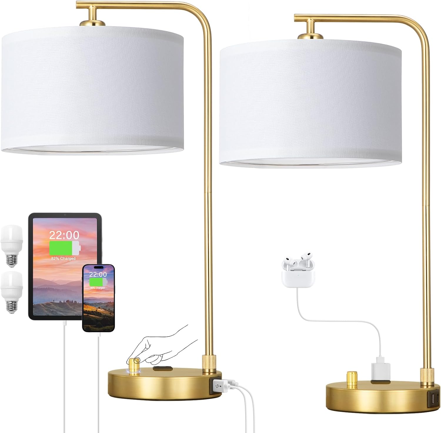 Innqoo Bedside Table Lamps for Bedroom Set of 2-Dimmable Nightstand Lamps with USB Port and Outlet,Modern Gold Lamps with Linen Shade,Tall Desk Lamps for Home Office Bedroom Living Room End Table - Image 8