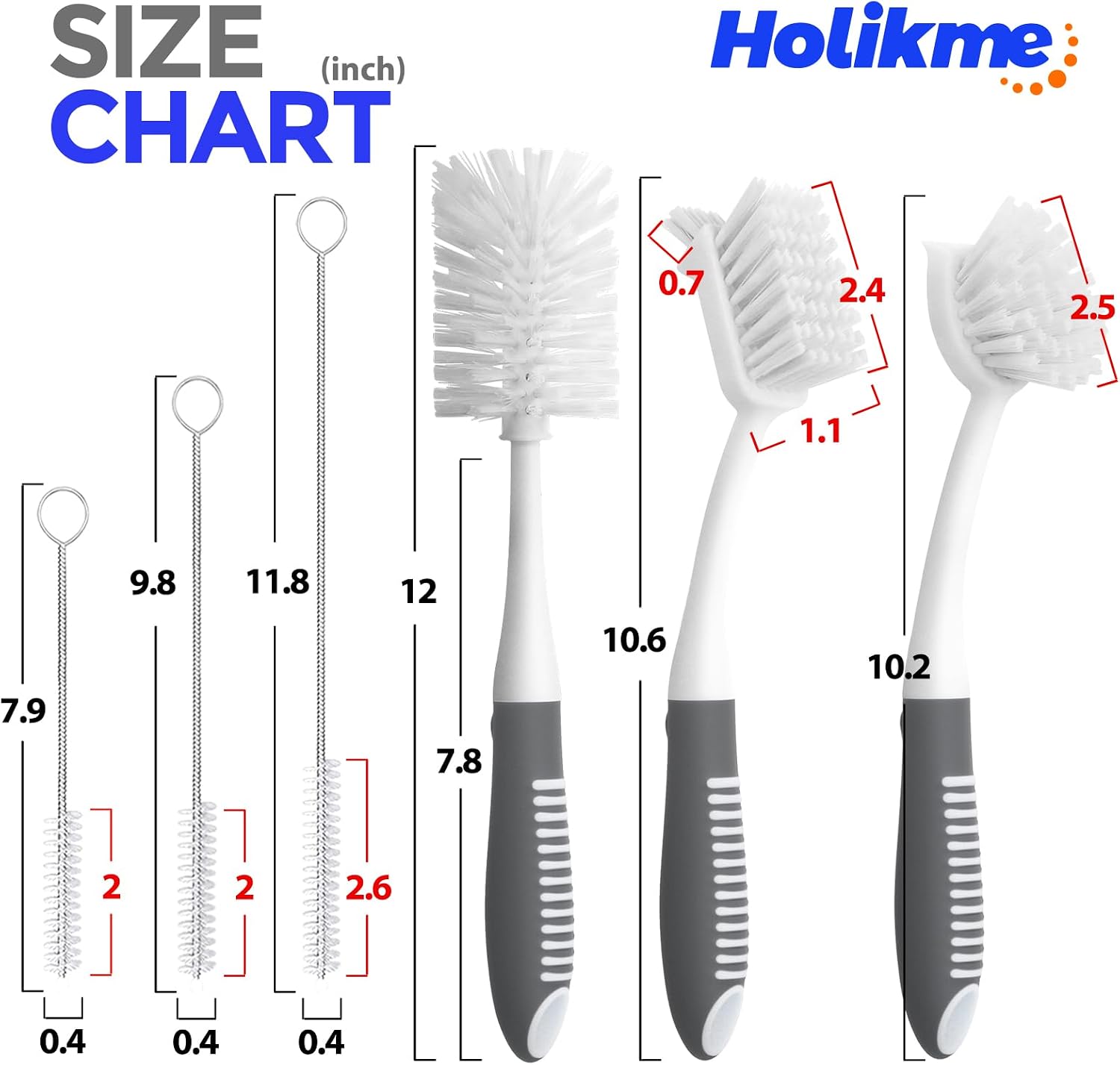 Holikme 6 Pack Dish Brush Set with Bottle Brush, Dish Scrub Brush, Pan Brush and 3 Straw Brushes, Deep Cleaning Handle Brush with Scraper Tip for Kitchen Sink Dishes Bottle Cup Pot and Pans (Gray) - Image 6