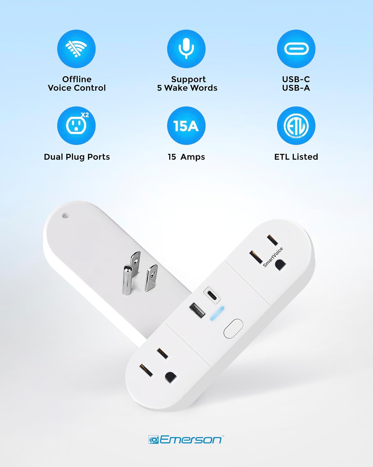 Emerson SmartVoice 4-in-1 Wall Plug, Voice Control Smart Outlet w/ 2 AC (1 Voice + 1 Always-On), USB-A & USB-C Ports, No WiFi, No App, Sleep & Wake Timer, ETL Listed - Image 7