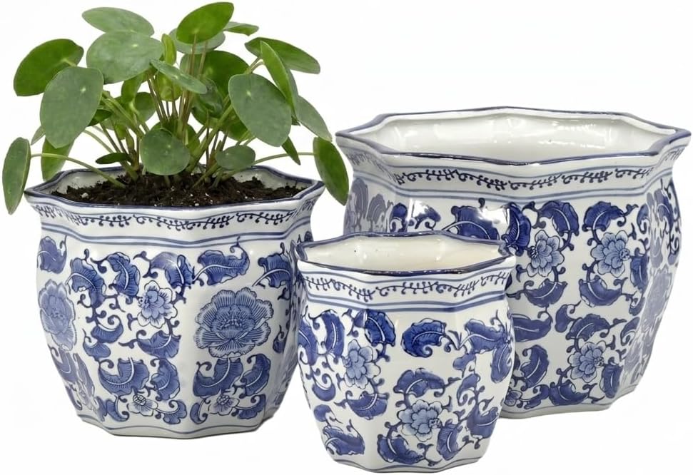 Galt International Blue & White Round Fluted Classic Floral Porcelain Ceramic Plant Flower Planter Pot Set of 3 (7.5", 10", 13") Garden Pots Chinese Asian Design - Image 3