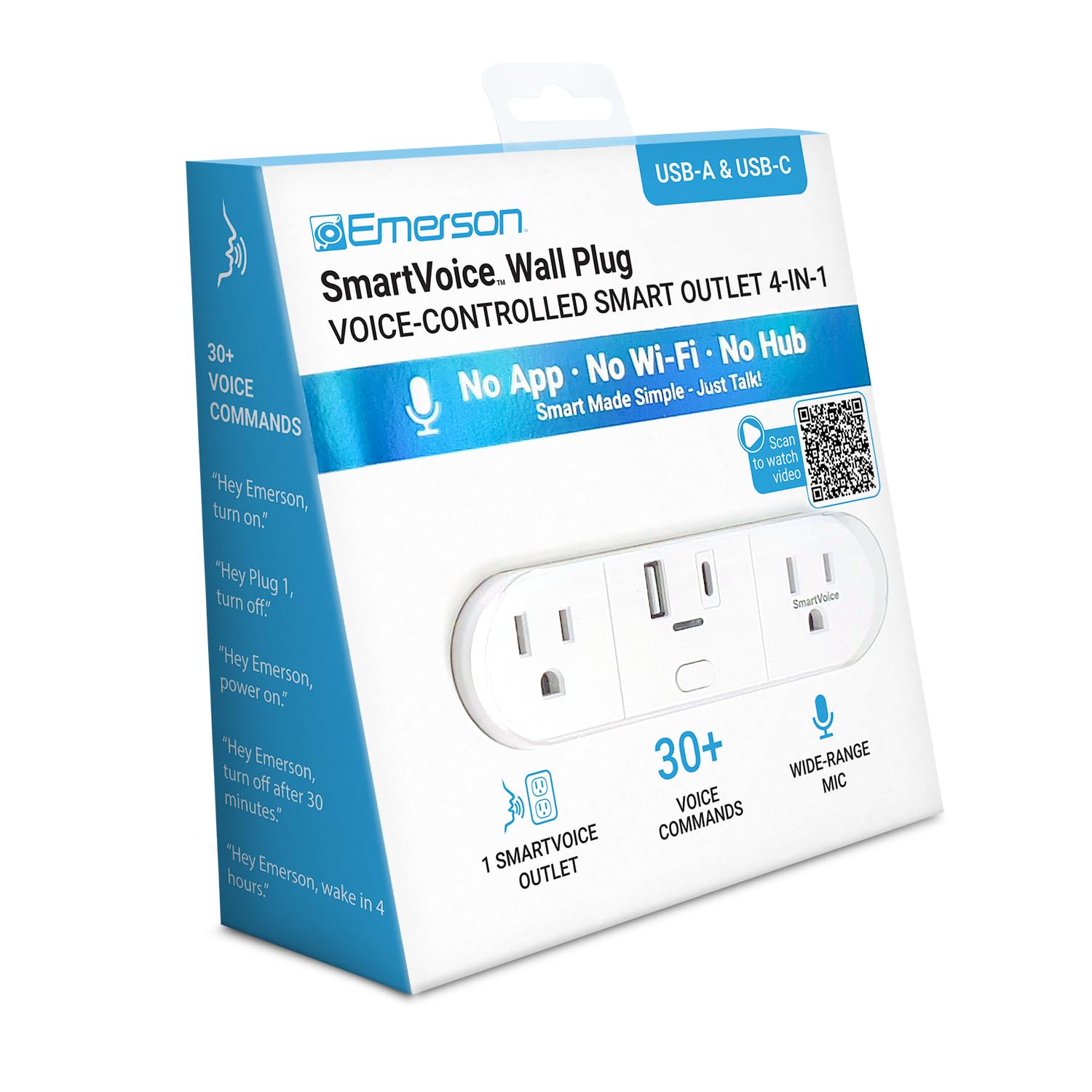 Emerson SmartVoice 4-in-1 Wall Plug, Voice Control Smart Outlet w/ 2 AC (1 Voice + 1 Always-On), USB-A & USB-C Ports, No WiFi, No App, Sleep & Wake Timer, ETL Listed - Image 9