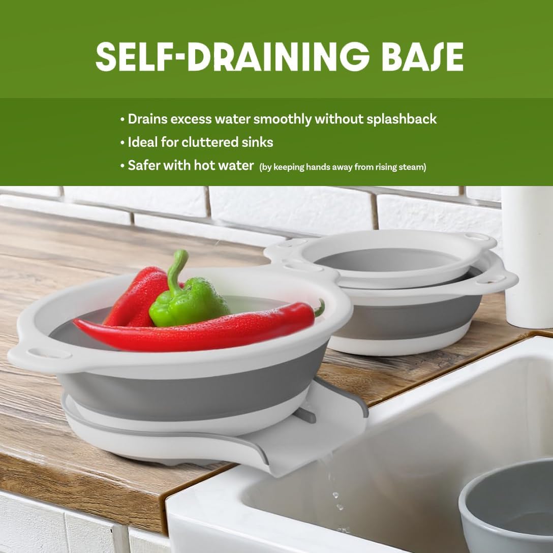 Gevoli Collapsible Colanders (3 Pack Set) Food Strainers with Over-Sink Water Draining Base for Pasta Fruits and Vegetables (Patent Pending) White (3 Sizes, 3QT, 4QT and 5 Quart) - Image 2
