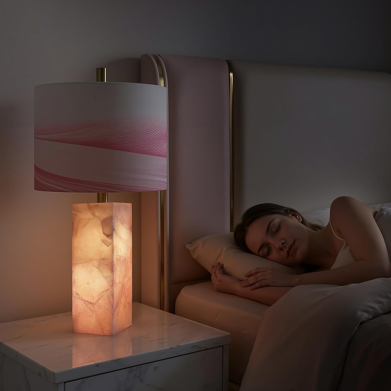 Scenekoy 23" Alabaster Table Lamp Set of 2 with Night Light for Bedroom Living Room, Rotary Switch, Pink Modern Table Lamp with Linen Shade, Nightstand Lamps for Room Bedside Office (Bulb Included) - Image 5