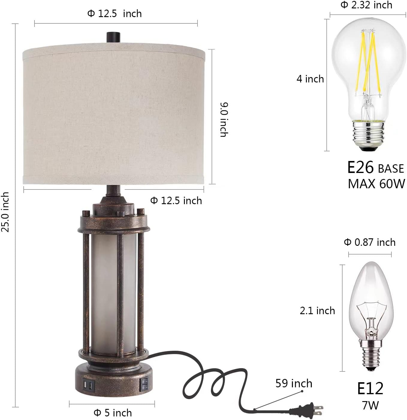 Set of 2 Farmhouse Lamps for Living Room, Rustic Vintage Bedroom Nightstand Table Lamp with 2 USB Charging Ports, Built-In Frosted Glass Night Light for End Table Entryway, 4 Bulbs Included (Bronze) - Image 6