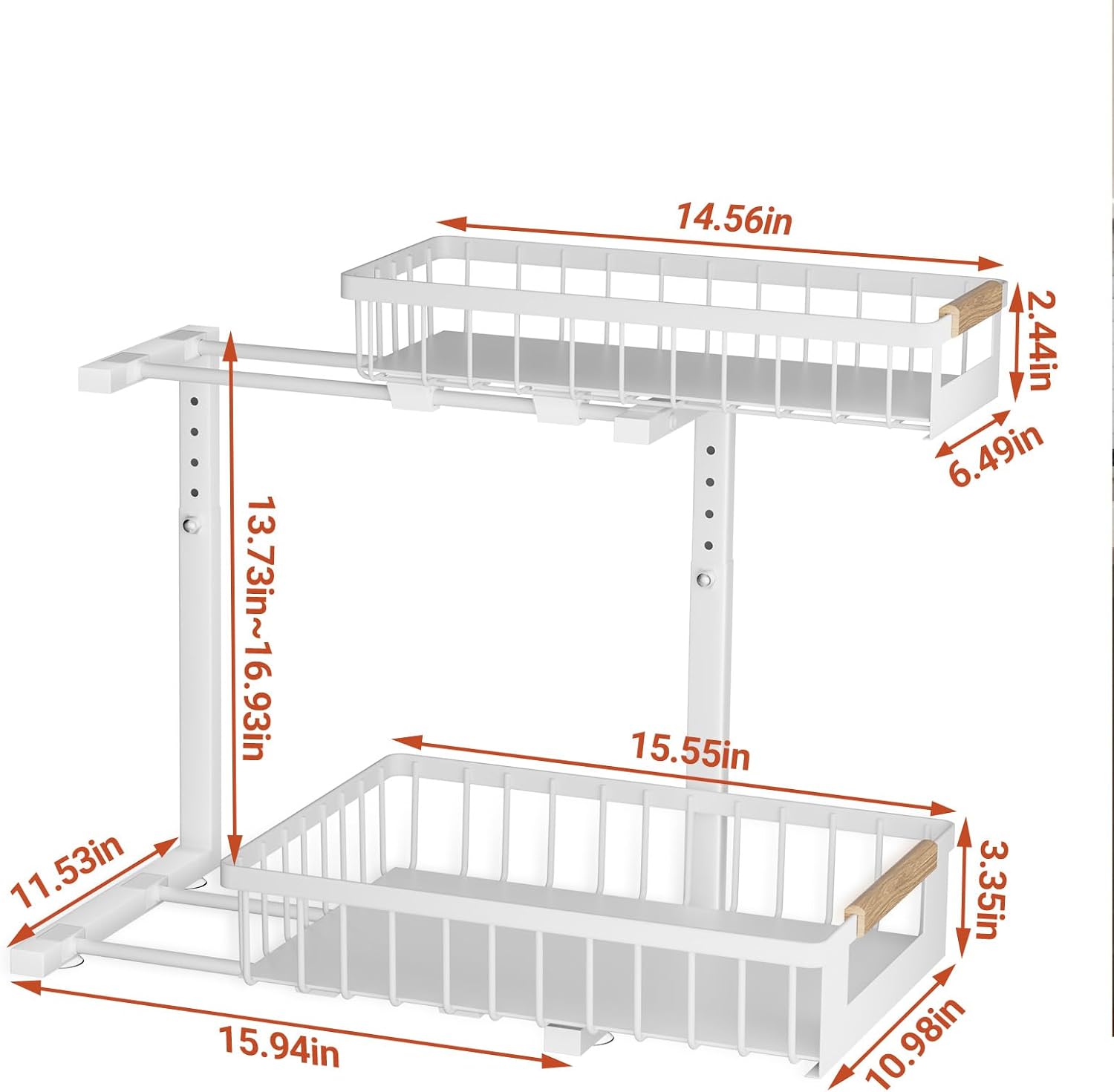2 Pack Under Sink Organizer, 2 Tier Pull Out Cabinet Organizer with 5-Level Adjustable Height, Sliding Metal Storage Rack for Kitchen Bathroom Pantry, White - Image 9