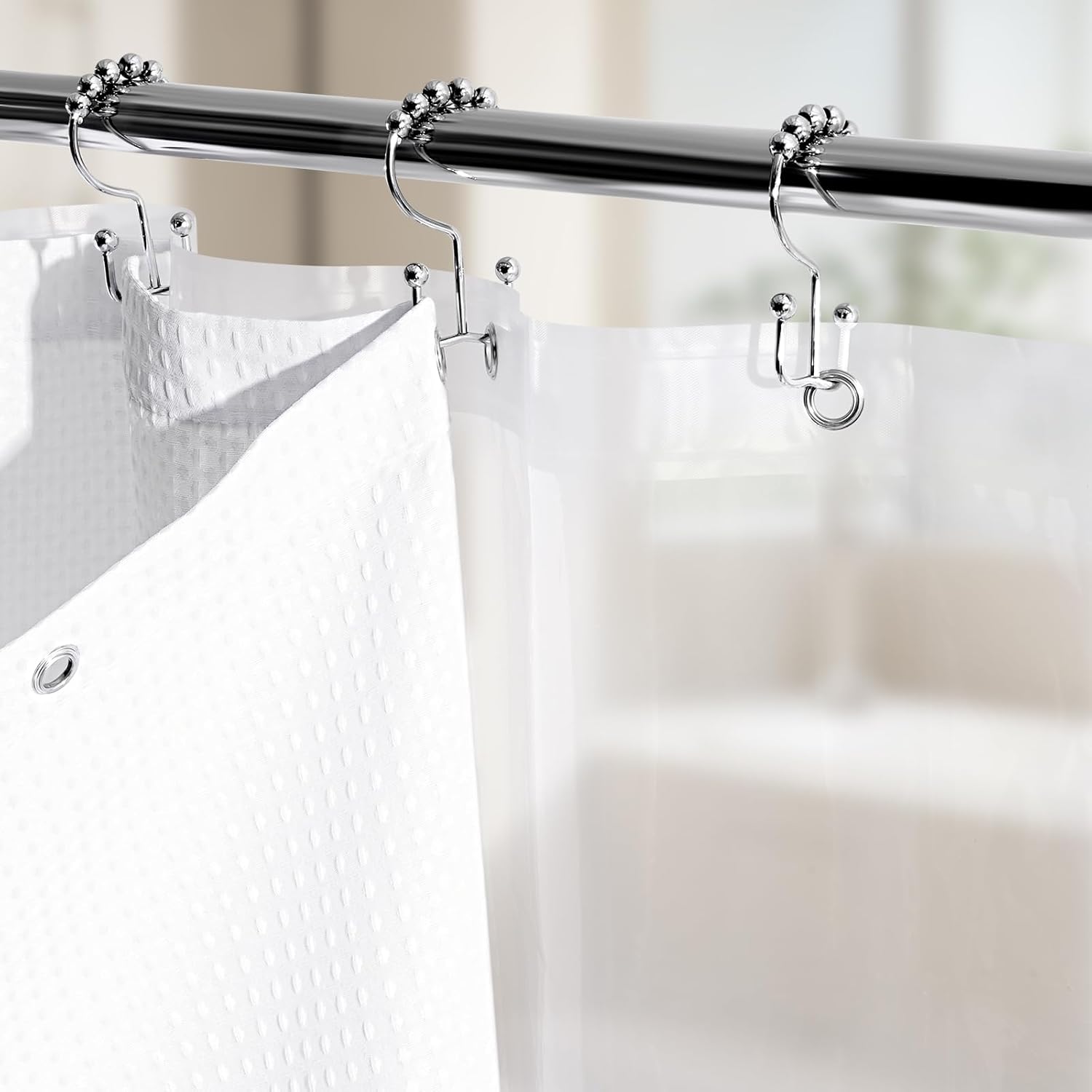 Vipfree 3 in 1 Shower Curtain Set, Waffle Shower Curtain and Liner Set with 12 Double Sided Shower Curtain Hooks, 258GSM Luxury Weighted Cloth Shower Curtains for Bathroom, 72 W x 72 H, White - Image 3