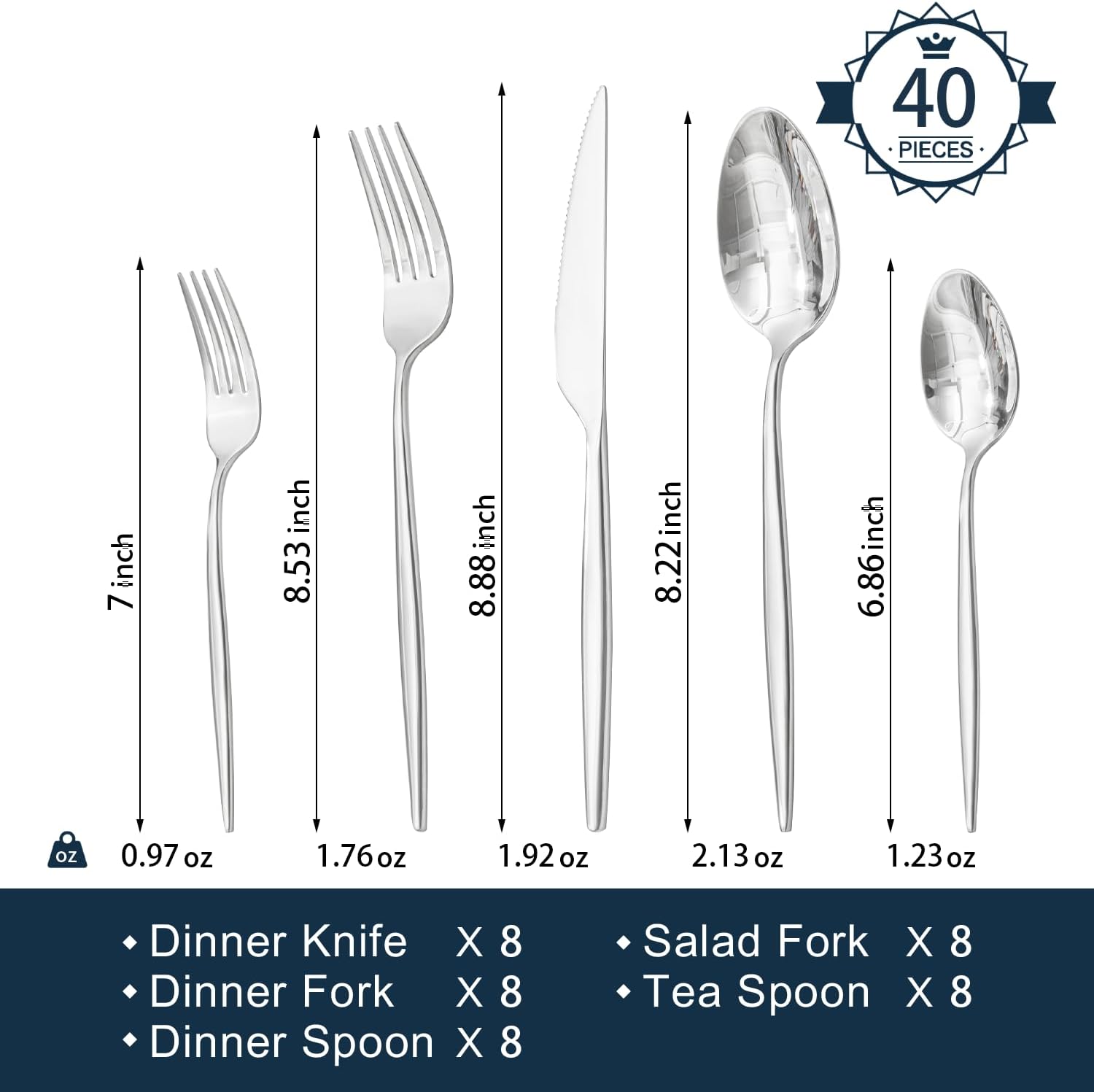 KINGSTONE Silverware Set, 40-Piece Flatware Set Cutlery Set Premium 18/10 Stainless Steel, Tableware Include Forks Knives Spoons for Home Kitchen Restaurant Wedding, Dishwasher Safe - Image 2