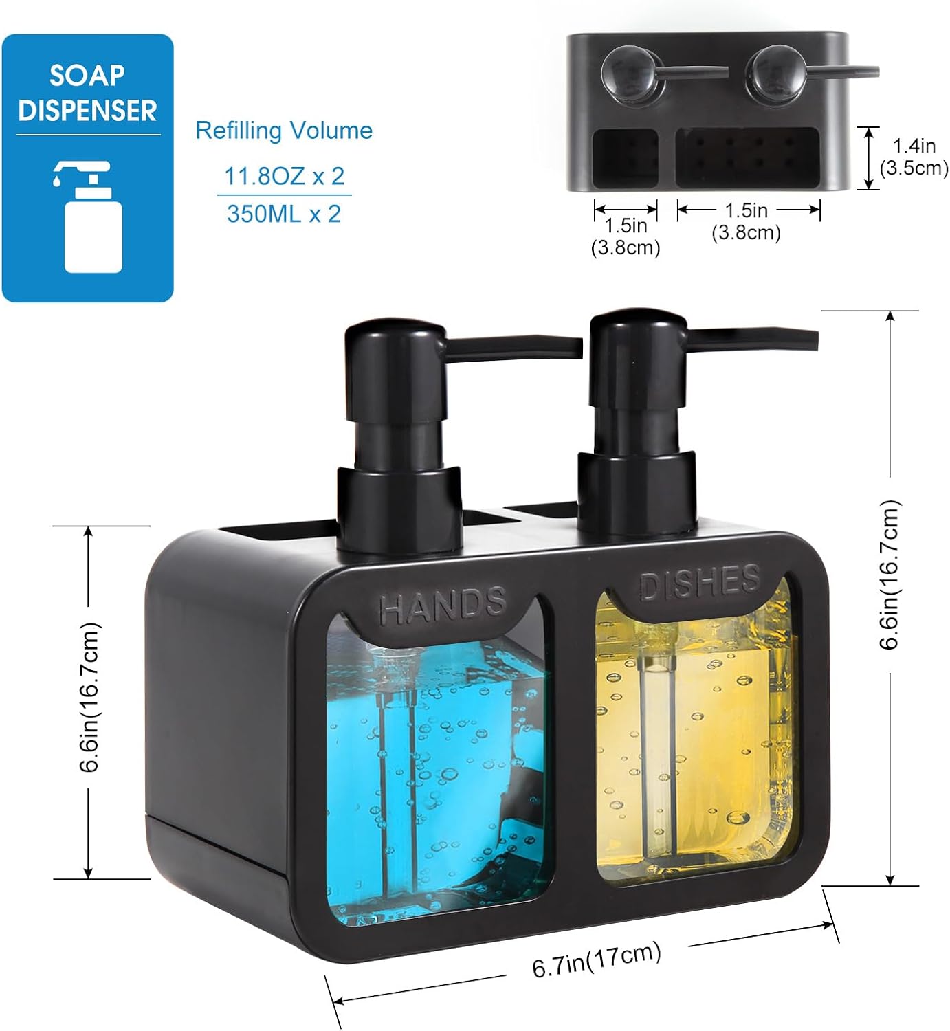 Kitchen Soap Dispenser Set, with Hand and Dish Soap, Sponge Caddy and Brush Holder 4-in-1 Kitchen Dual Soap Dispenser Set for Kitchen Sink, Bathroom - Black - Image 6