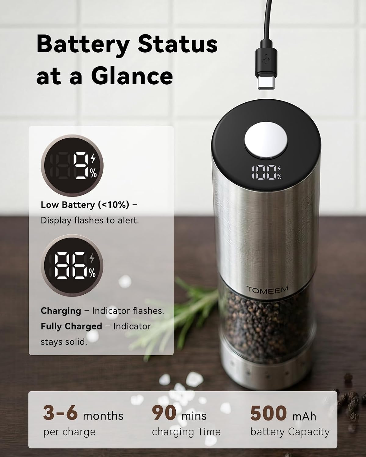 TOMEEM Rechargeable Electric Salt and Pepper Grinder Set, 115ml Large Capacity Stainless Steel Automatic Pepper Mill with Storage Base, LED Display and Light (Silver, Black Storage Base) - Image 4