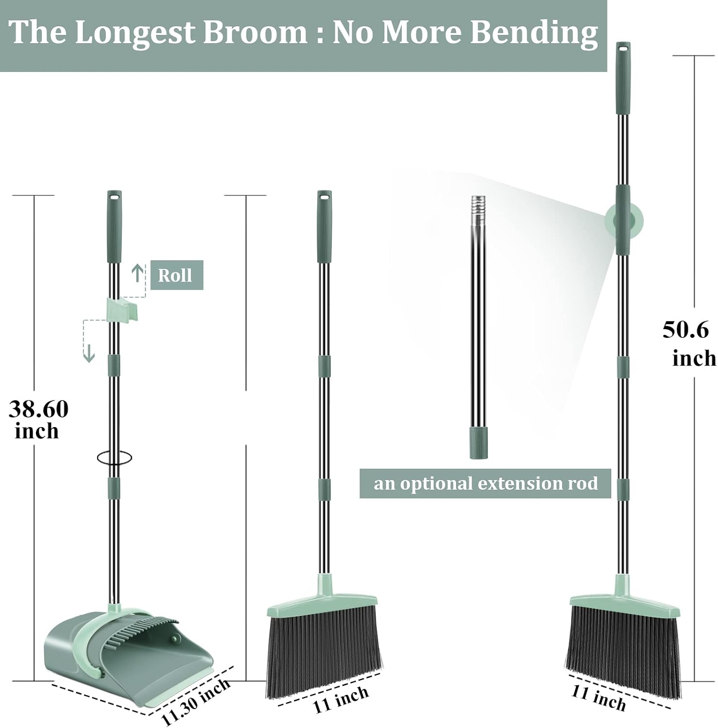 Ivandar Broom and Dustpan Set for Home, Dust pan with Long Handle, Broom with Dustpan Combo Set, for Home Kitchen Room Office Lobby Floor Use Upright Stand Up Sweeping (Gray&Green) - Image 2
