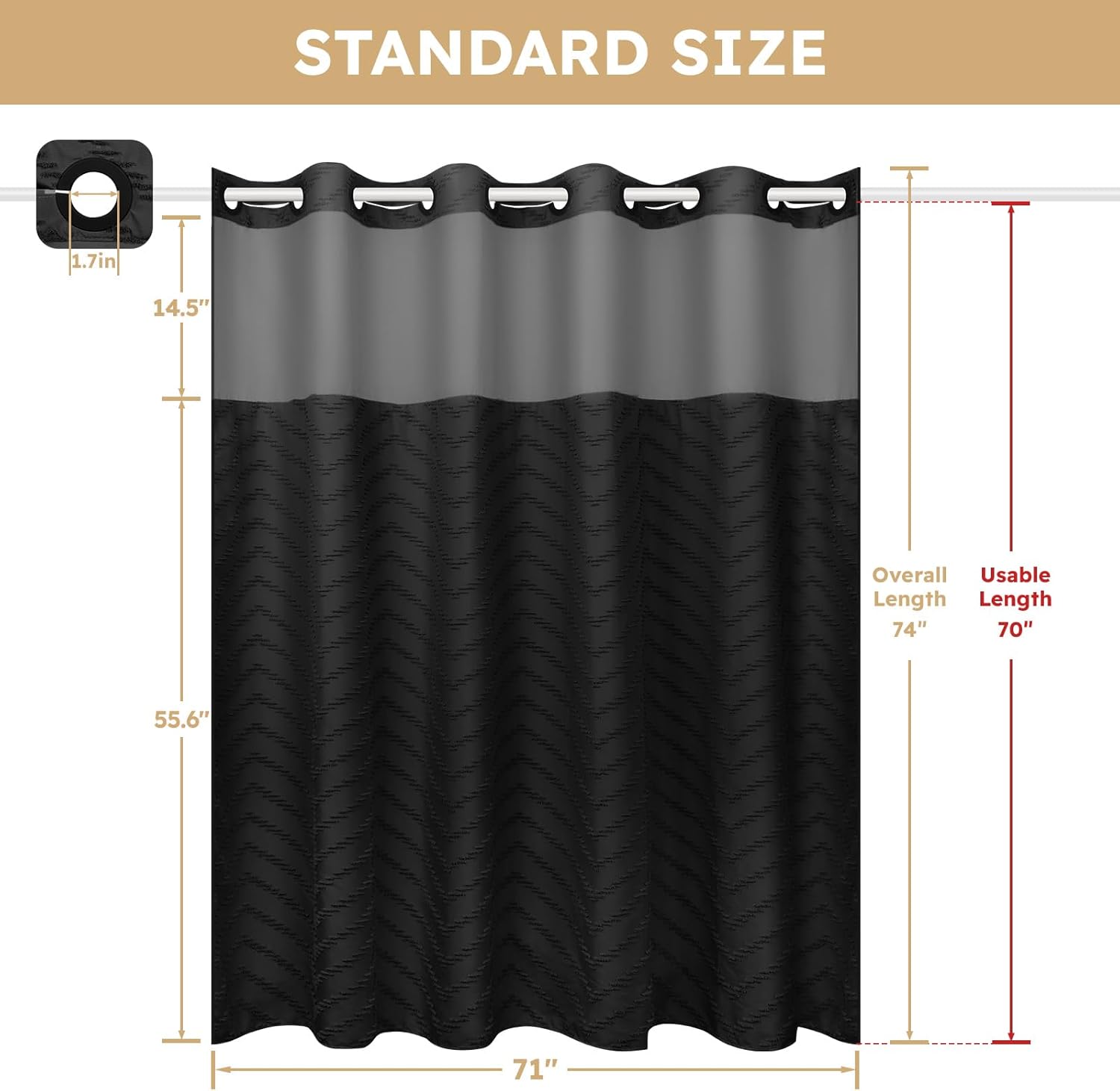 FADOTY No Hook Shower Curtain and Liner Set, Black Snap in Shower Curtain Ringless Chevron Tufted Cloth Waterproof Washable Fabric Bath Curtain with See Through Top Window for Bathroom Hotel 71" x 74" - Image 5