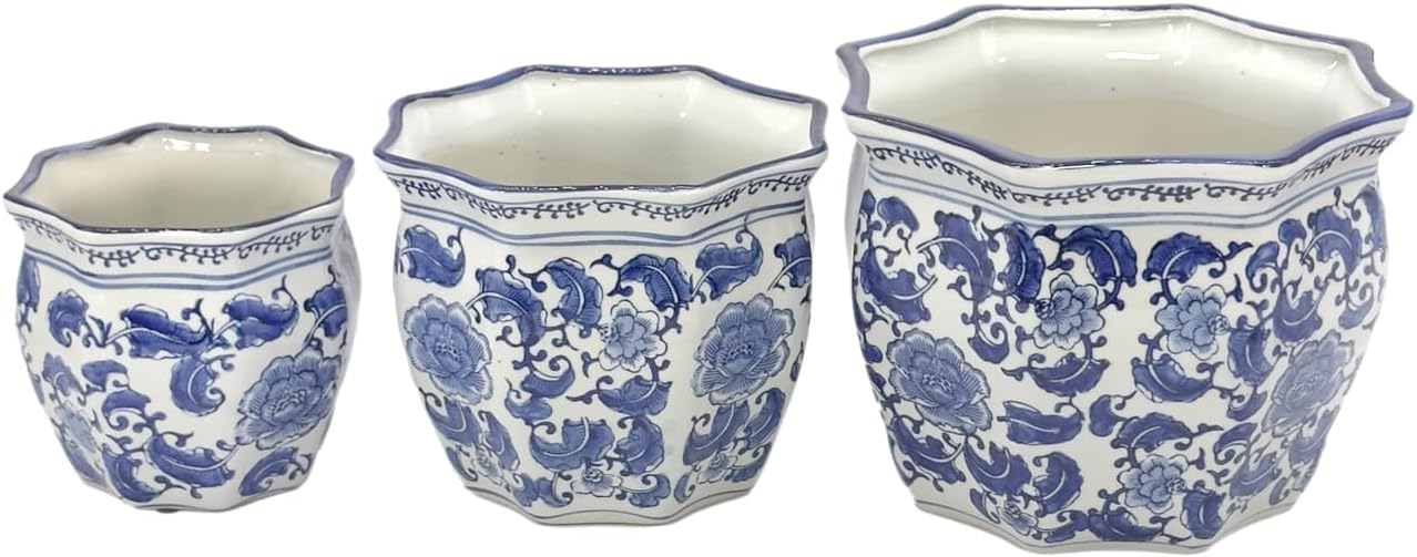 Galt International Blue & White Round Fluted Classic Floral Porcelain Ceramic Plant Flower Planter Pot Set of 3 (7.5", 10", 13") Garden Pots Chinese Asian Design - Image 6
