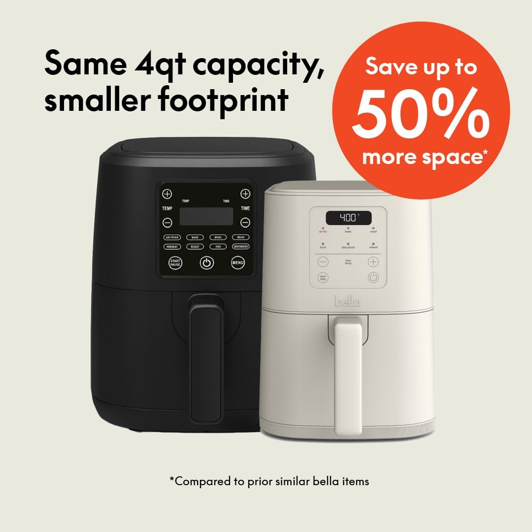 bella 4Qt Slim Air Fryer, Fits-anywhere™ Kitchenware, EverGood™ Ceramic Nonstick Coating, Adjustable Temperature, 6 Preset Cooking Options, 60 Min Auto Shutoff w Audible Tone, 3.3lb Capacity, Oatmilk - Image 2