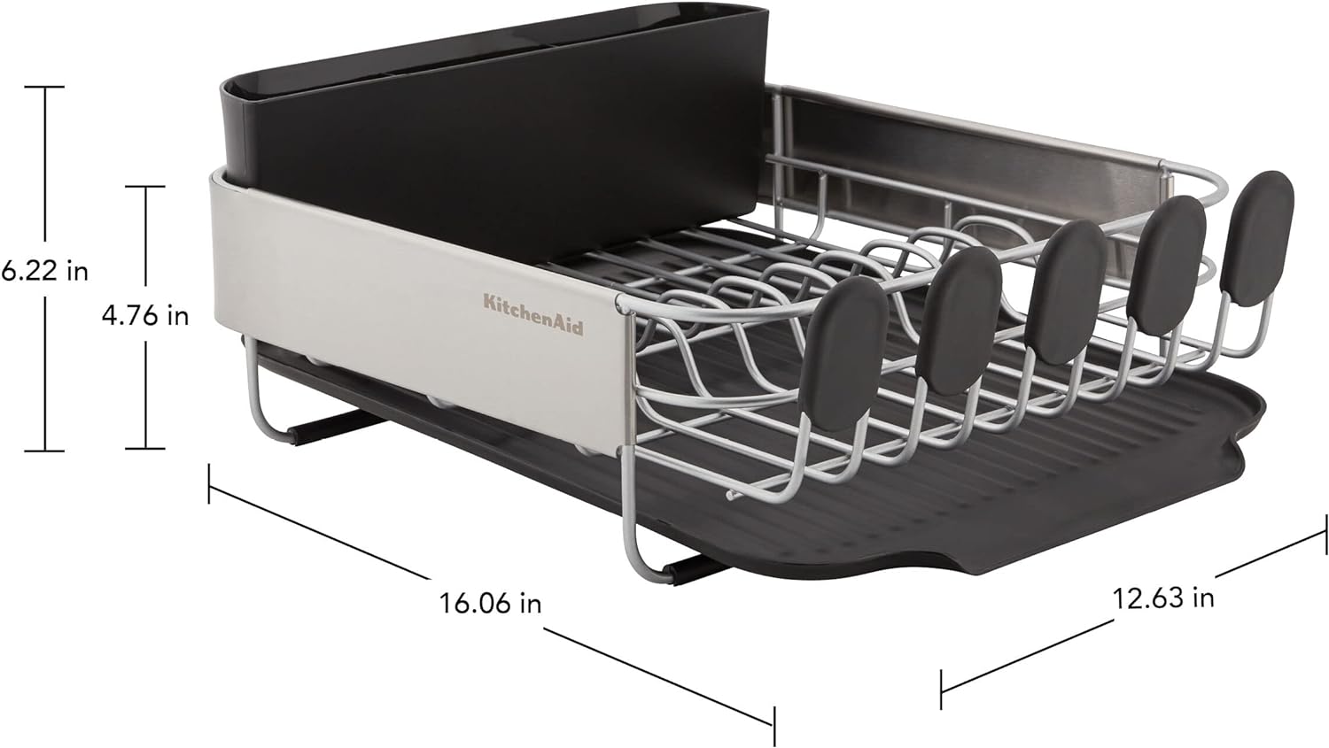 KitchenAid Compact, Space Saving Rust Resistant Dish Rack with Removable Flatware Caddy and Angled Self Draining Drainboard, 16.06-Inch, Black - Image 7