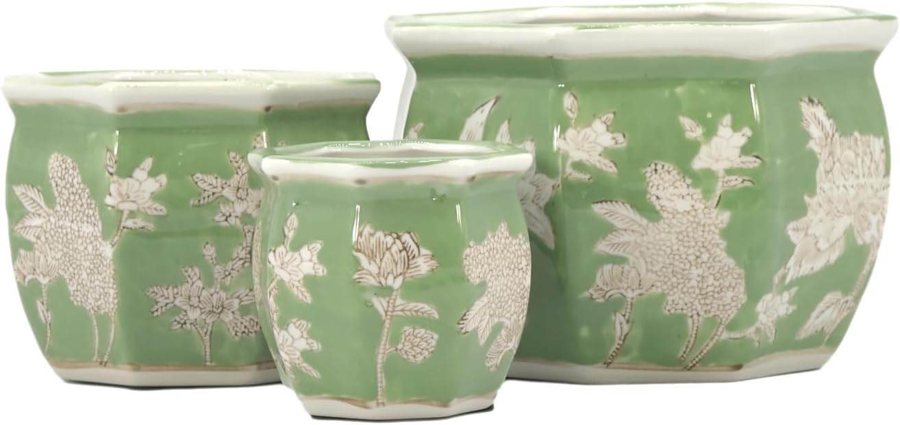 Galt International Green & White Floral Porcelain Ceramic Decorative Flower Pot 8"/6"/4.5" Garden Pots Chinese Asian Design - Set of 3 Green Fluted - Image 4