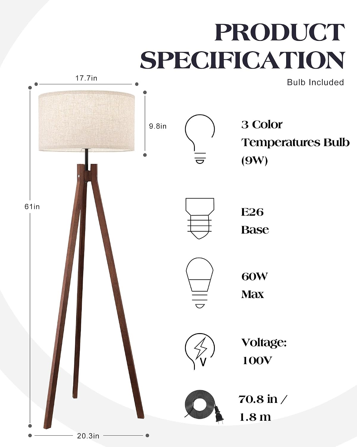 ELYONA Wood Tripod Floor Lamp, Mid Century Reading Standing Lamp with 3 Color Temperatures & Linen Shade, Modern Night Light for Bedroom, Farmhouse, Living Room, Office, 9W LED Bulb Included, Brown - Image 6