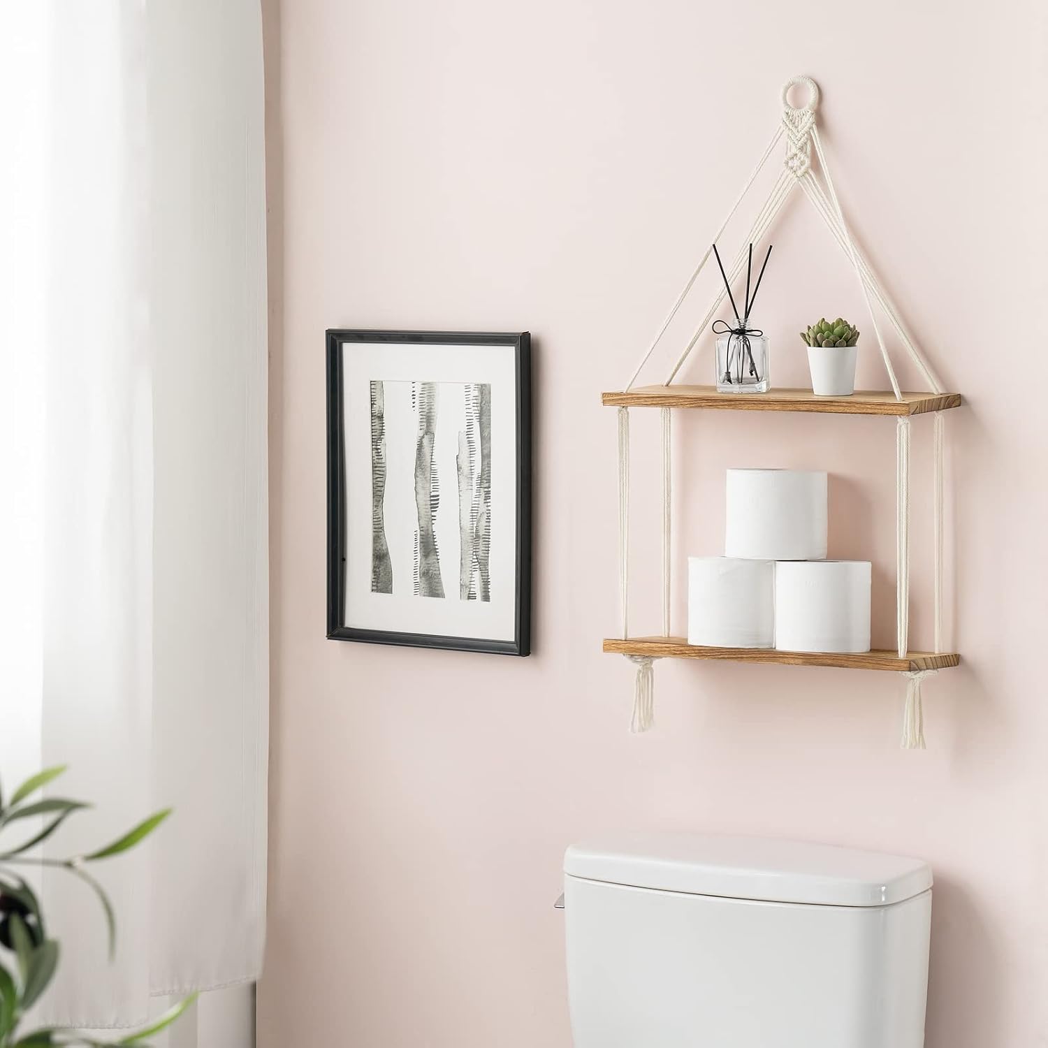 Mkono Macrame Hanging Shelf Boho Wall Decor 2 Tier Handmade Cotton Rope Rustic Wood Floating Shelves Display Photos Plants Hanging Storage Shelving for Living Room Nursery Bathroom Bedroom - Image 5