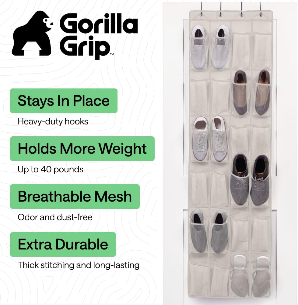 GORILLA GRIP Over the Door Shoe Organizer, 24 Large Breathable Mesh Pockets, Space Saving Hanging Storage Holder, Closet Rack Hanger Holds Up to 40 lbs, Hangs on Closets for Shoes, Accessories, Linen - Image 2
