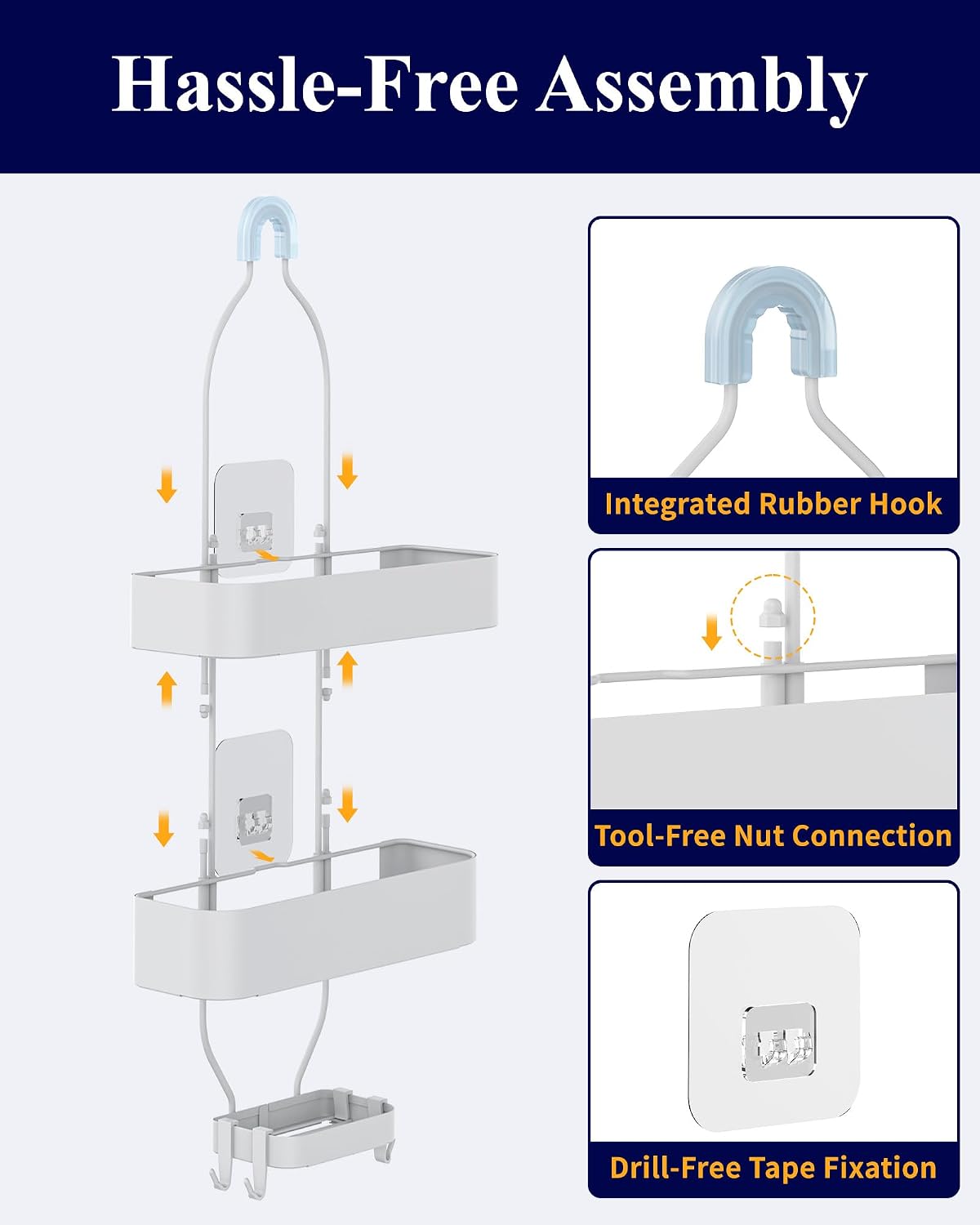 Kitsure Shower Caddy Hanging - No-Drill Bathroom Organizers and Storage, Wobble-Free Bathroom Shelves with Adhesive Tapes, Rust-Proof Shower Storage for Toiletries, White, 28.5" H - Image 2
