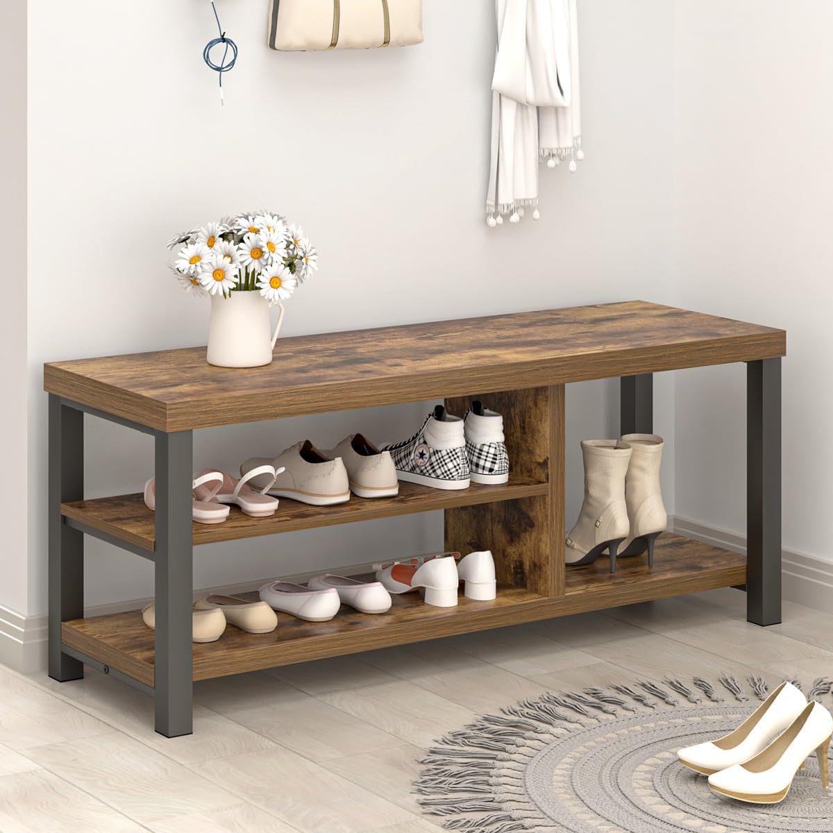 EXCEFUR Shoe Bench, Modern Wood Storage Bench for Entryway Hallway, Industrial Indoor Shoe Rack Bench Seat for Living Room Bedroom, 43.3 Inch Rustic Brown - Image 3