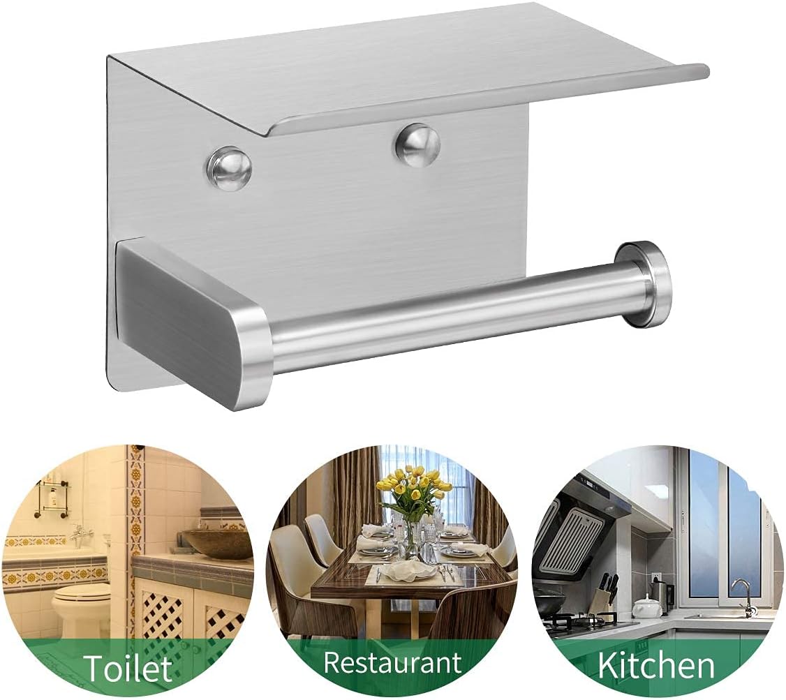 VAEHOLD Self Adhesive Toilet Paper Holder with Phone Shelf Stainless Steel Wall Mounted Toilet Paper Roll Holder - Rustproof and Bathroom Washroom Tissue Roll Holder with Storage Shelf - Silver - Image 7