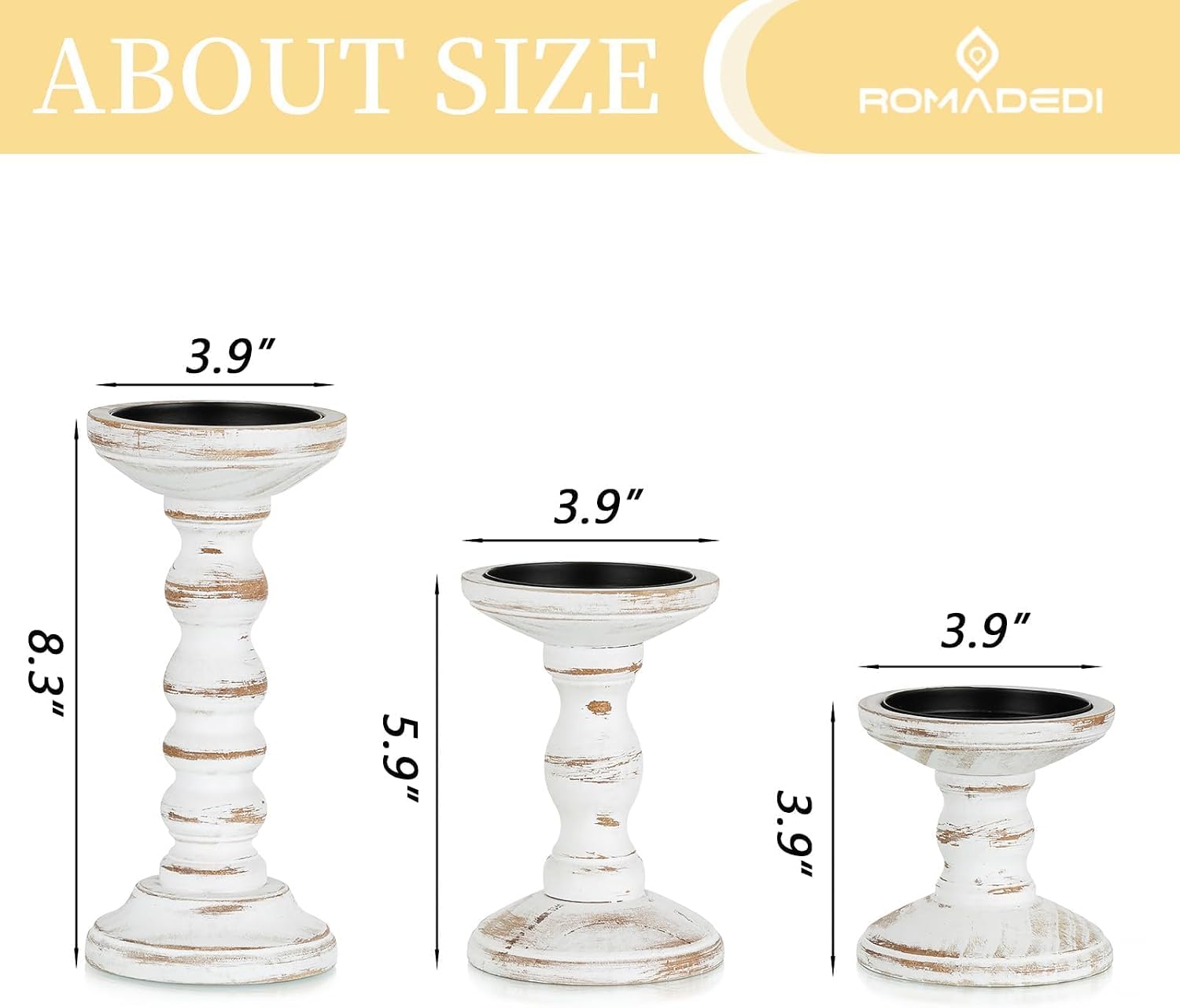 Romadedi Wood Candle Holders for Pillar Candles - Set of 3 Tall Farmhouse Wooden Candlestick Holder, Rustic Candle Stand for Fireplace Mantle Shelf Table Home Decor, Brown Whitewashed 3.9"/6"/ 8.3" - Image 3