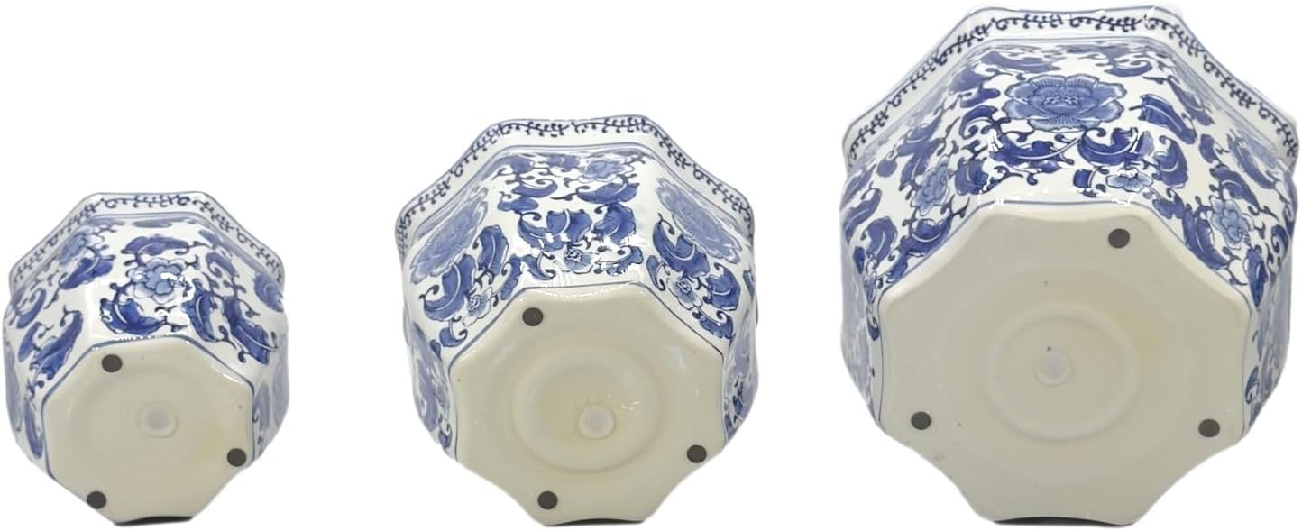 Galt International Blue & White Round Fluted Classic Floral Porcelain Ceramic Plant Flower Planter Pot Set of 3 (7.5", 10", 13") Garden Pots Chinese Asian Design - Image 9